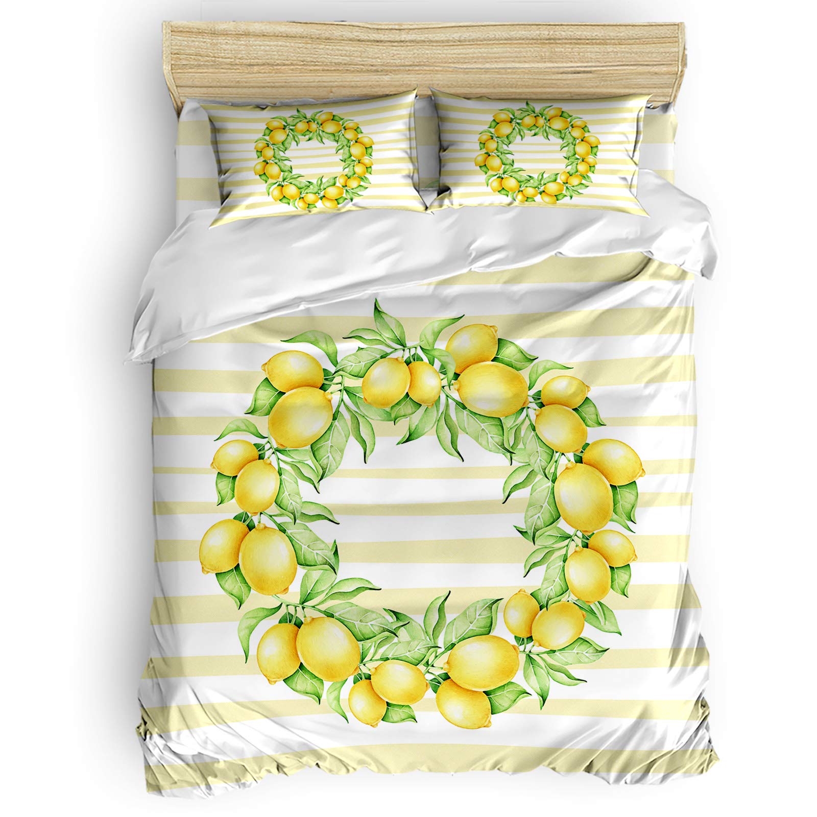 King Size Duvet Cover Set - Farm Fresh Lemon Yellow White Geometric Stripes, Breathable Comforter Cover with 4 Pieces (Flat Sheet, Pillowcases) for Bedroom Decor | Perfect for Farmhouse, Modern & Guest Room Styling