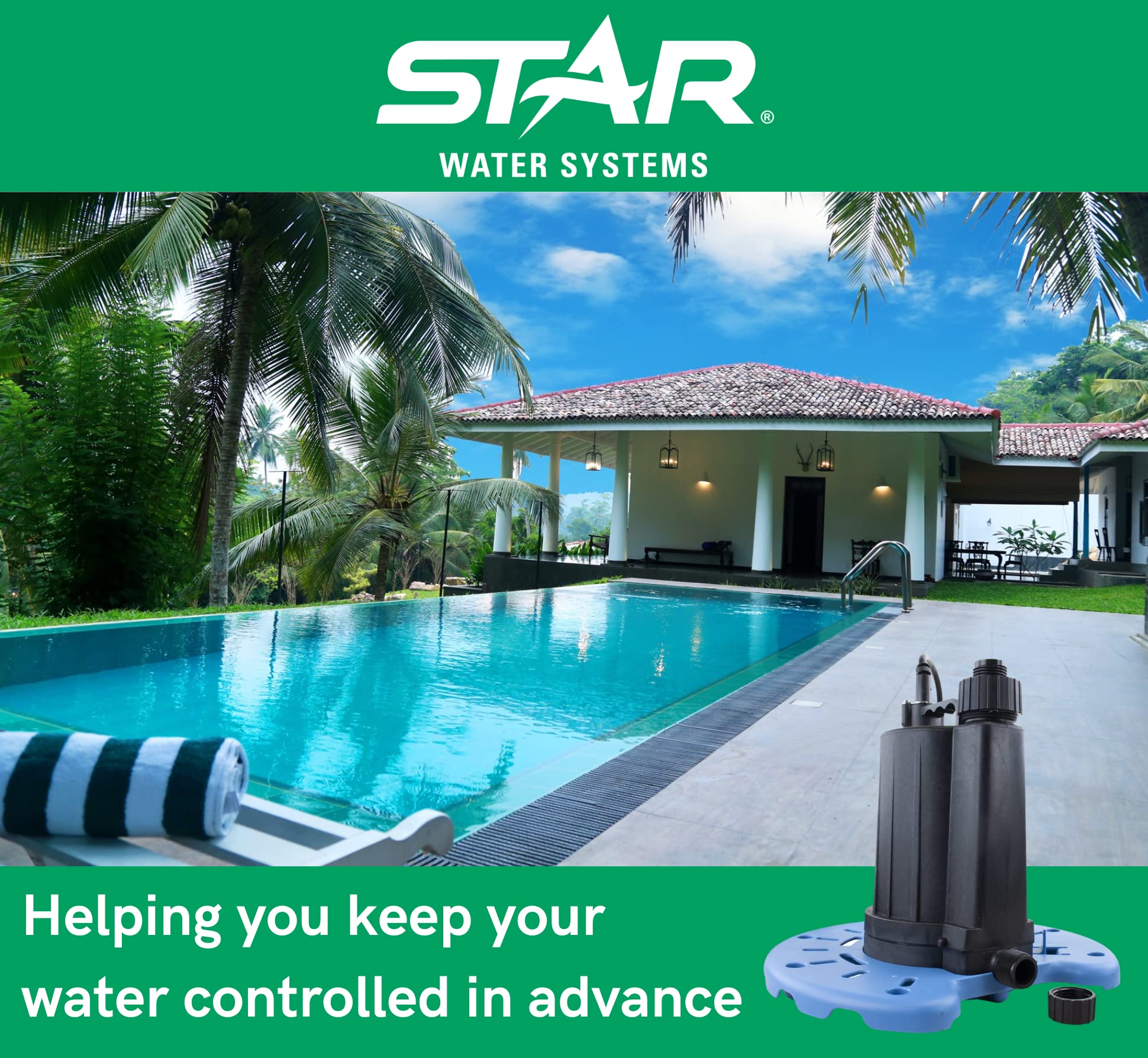 Star SPCP02 1/3 HP Automatic ON/OFF Swimming Pool Cover Pump - 2400 GPH High Flow, 25ft Power Cord, Heavy Duty Water Removal for Inground & Above Ground Pools - Perfect for Winter Covers, Rainwater Drainage & Pool Maintenance