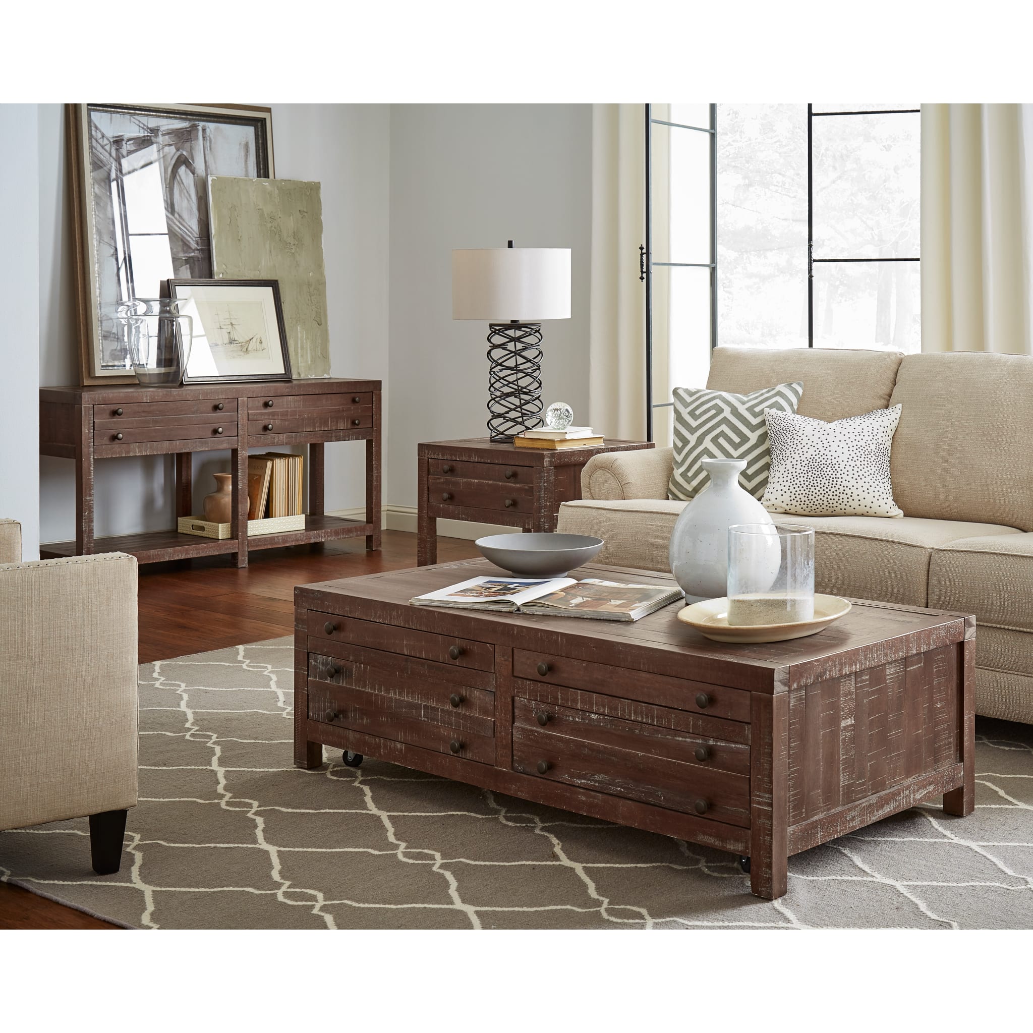 Townsend Solid Wood Castered Coffee Table in Java Finish - Rustic Living Room Furniture with Wheels for Easy Mobility