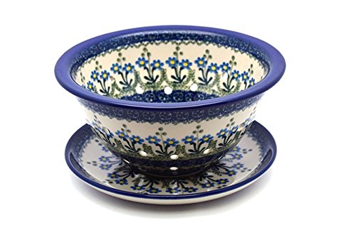 Handmade Polish Pottery Berry Bowl with Saucer - Blue Spring Daisy Floral Design | Perfect for Breakfast, Dessert Serving & Home Decor