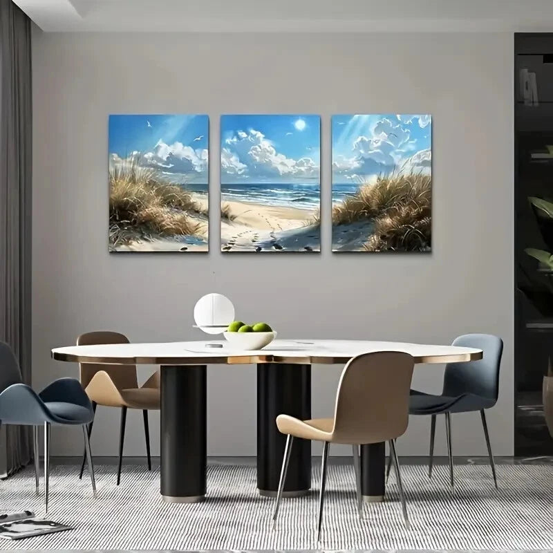 3-Piece Coastal Landscape Metal Wall Art with Blue Ocean - Ready to Hang Home Decor for Living Room, Bedroom & Office