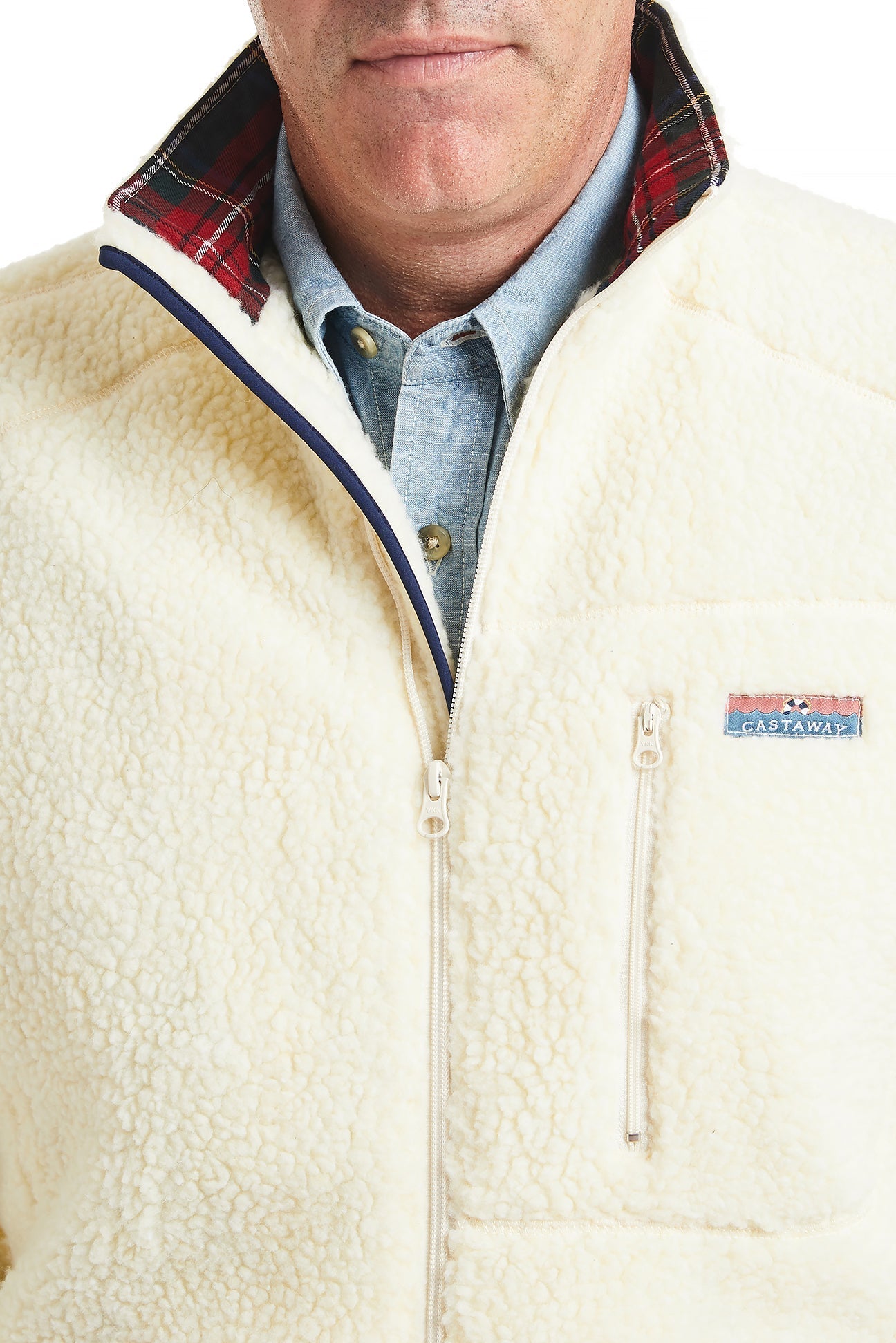 Sherpa Jacket for Women - Ivory Fleece Coat with Black Stewart Plaid Lining | Warm Winter Outerwear for Hiking, Camping & Casual Wear