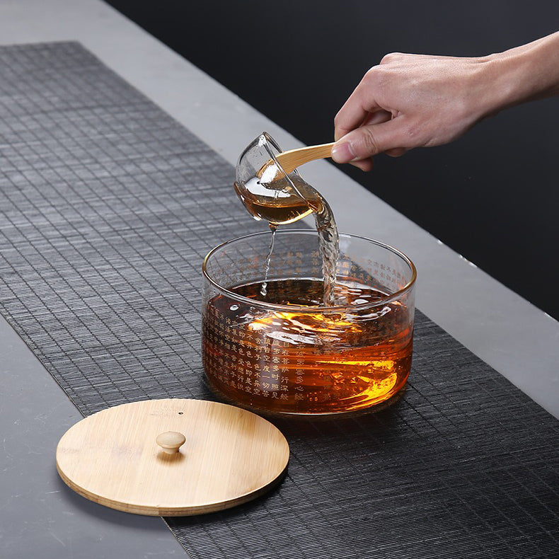 Heart Sutra Engraved Glass Tea Infuser with Lid - Perfect for Loose Leaf Tea Brewing & Meditation