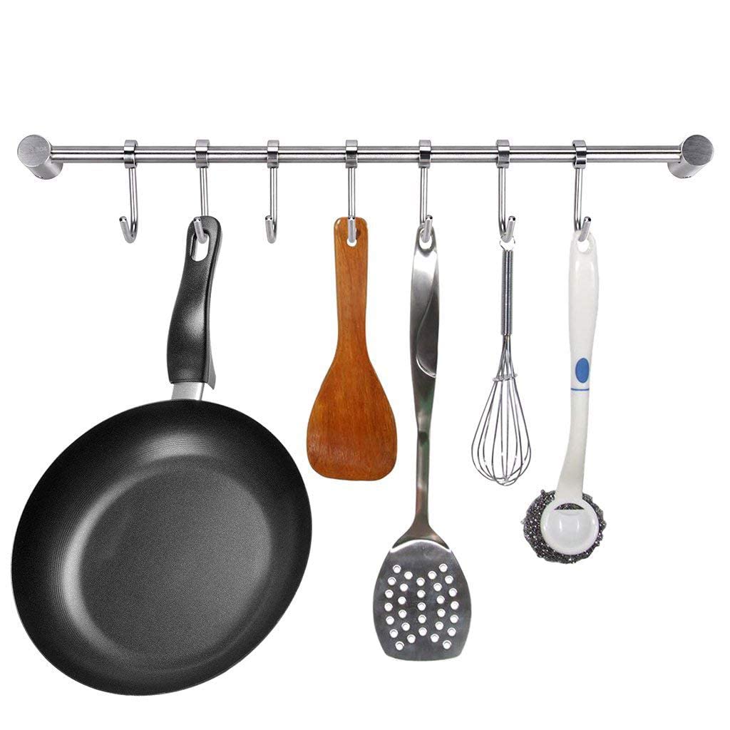 304 Stainless Steel Kitchen Utensil Organizer - 7 Sliding Hooks Wall Mount Rack (15 Inch) - Perfect for Spatulas, Ladles & Cooking Tools Storage in Small Kitchens