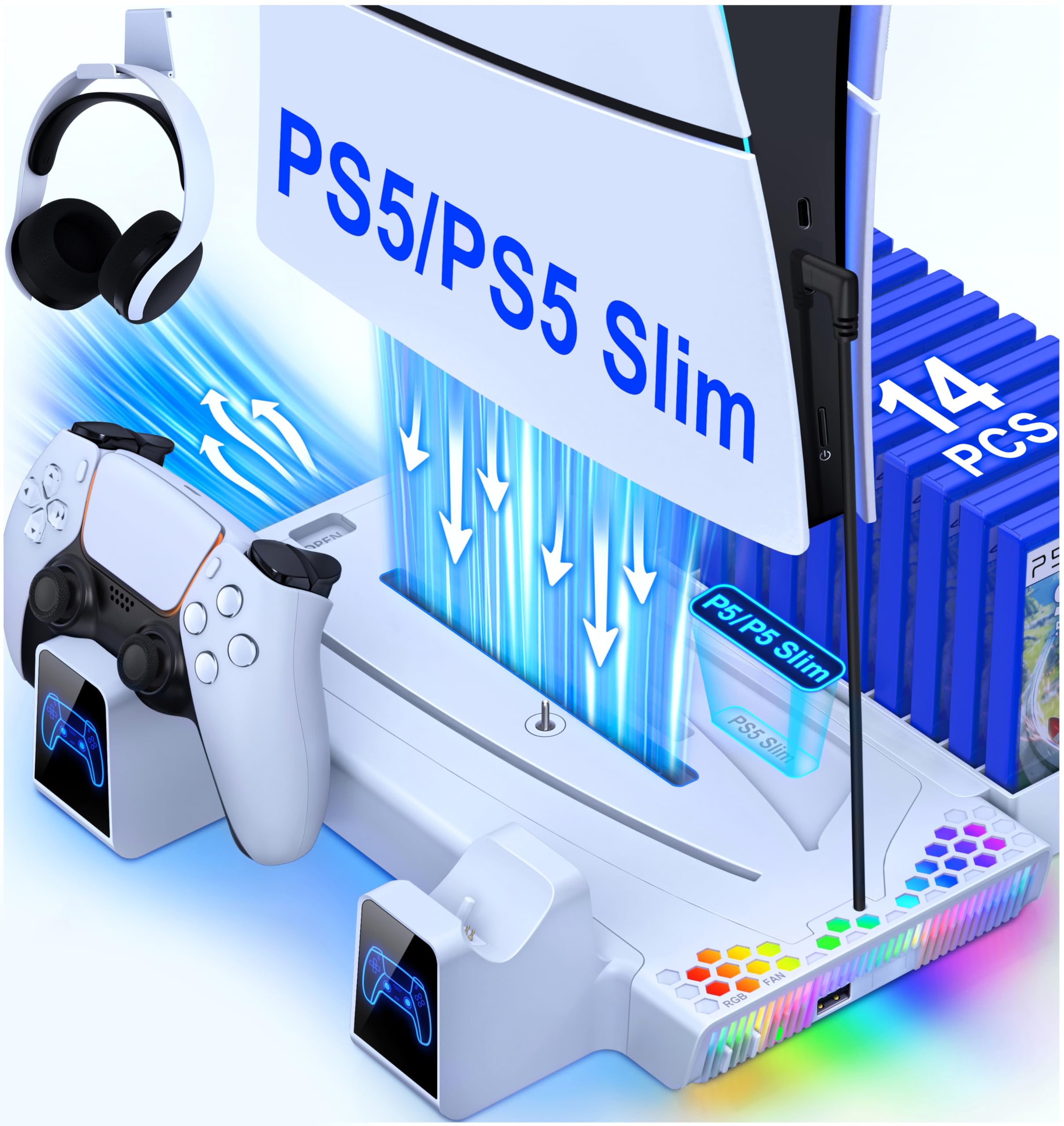 New PS5 Console Stand Slim - 3 Speed Cooling Fan, Controller Charger & 14 Game Storage Holder for PS5 Disc/Digital Edition | Perfect for Gaming Setup & Entertainment Center Organization