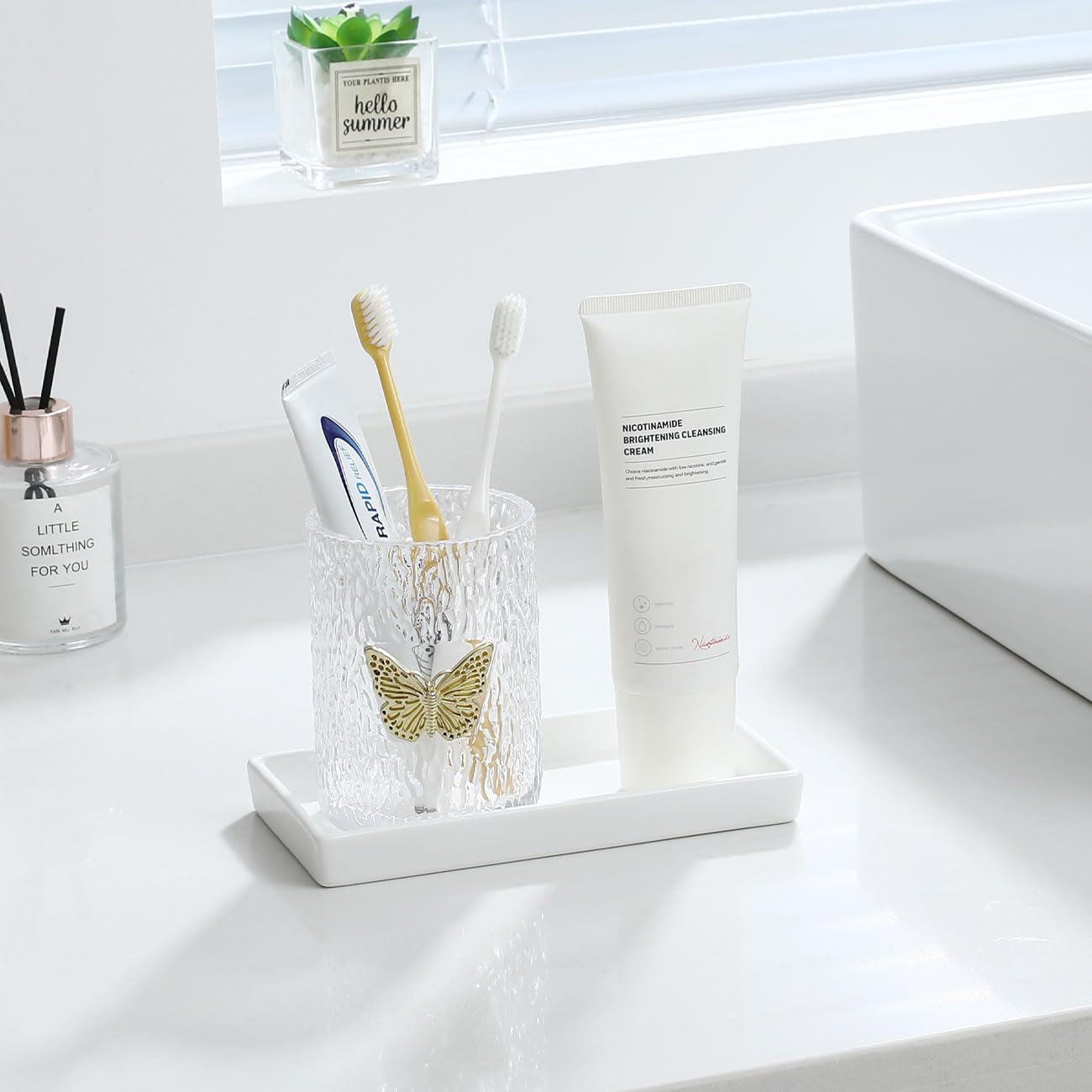 Luxspire White Ceramic Bathroom Vanity Tray - Mini Soap Dispenser Tray, Jewelry Dish & Candle Holder for Bathroom Organizer, Kitchen Sink, and Makeup Counter | Perfect for Small Spaces, Gift Giving & Home Decor