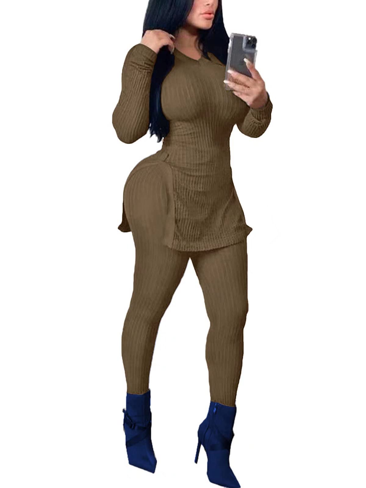 OLUOLIN Women's Ribbed Knit Two Piece Outfit - Long Sleeve Top & Pants Set, Solid Color Tracksuit for Casual Wear, Lounge & Street Style Fashion