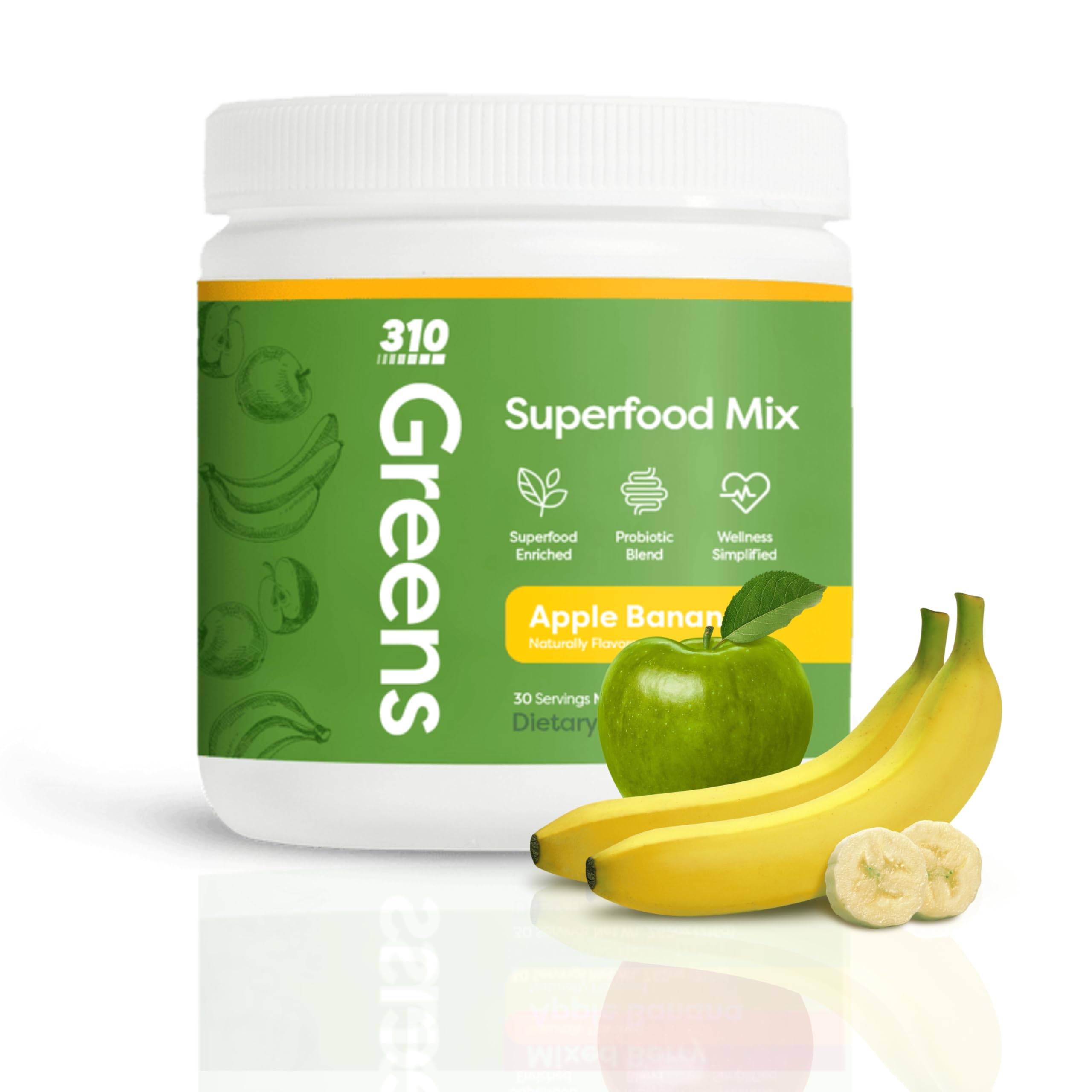 310 Greens Blend Superfood Powder with Fruits, Vegetables, Digestive Enzymes & Probiotics - 30 Servings (Apple Banana Flavor) for Energy Boost, Gut Health & Daily Nutrition