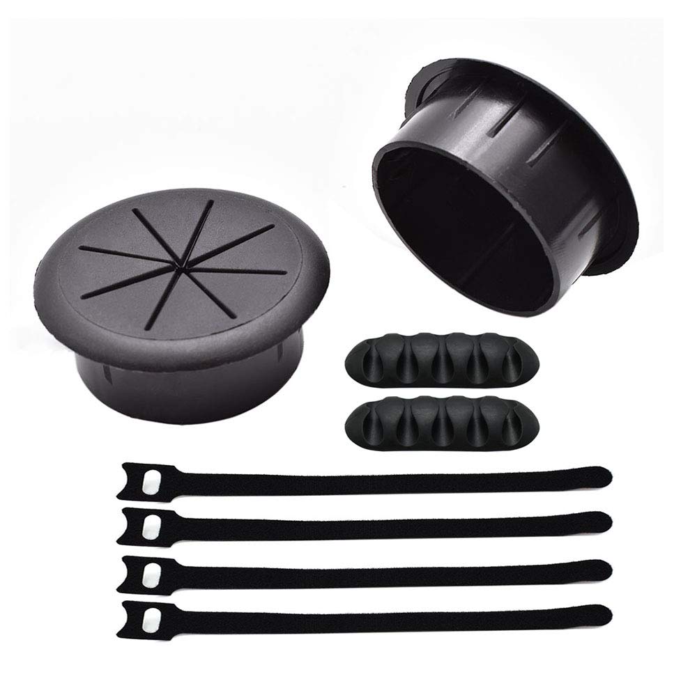 2 Inch (50mm) Black Flexible Desk Hole Cover Grommet Kit - Cable Management Organizer with 2 Desk Grommets, 2 Cable Clips (5 Slots), 4 Reusable Ties - Perfect for Office Desk, Home Workstation & Computer Wiring Protection