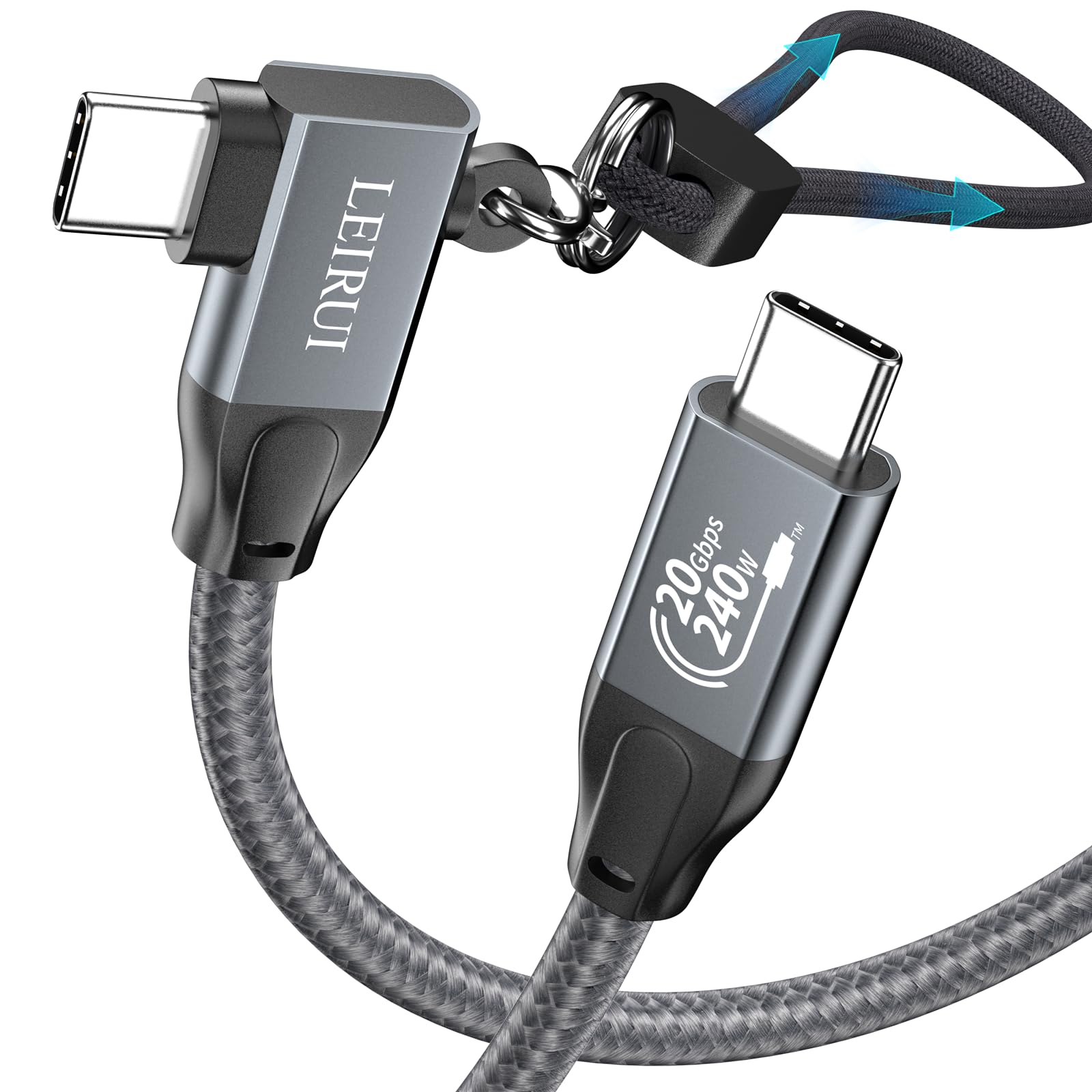 90 Degree USB C to USB C Cable 10FT - 20Gbps High-Speed Data Transfer, 4K@144Hz/60Hz Video, 240W Fast Charging - USB 3.2 Gen 2x2 Right Angle Monitor Cable for iPhone 15, Samsung Galaxy, MacBook, iPad Pro - Perfect for Gaming, Home Office & Travel Charging