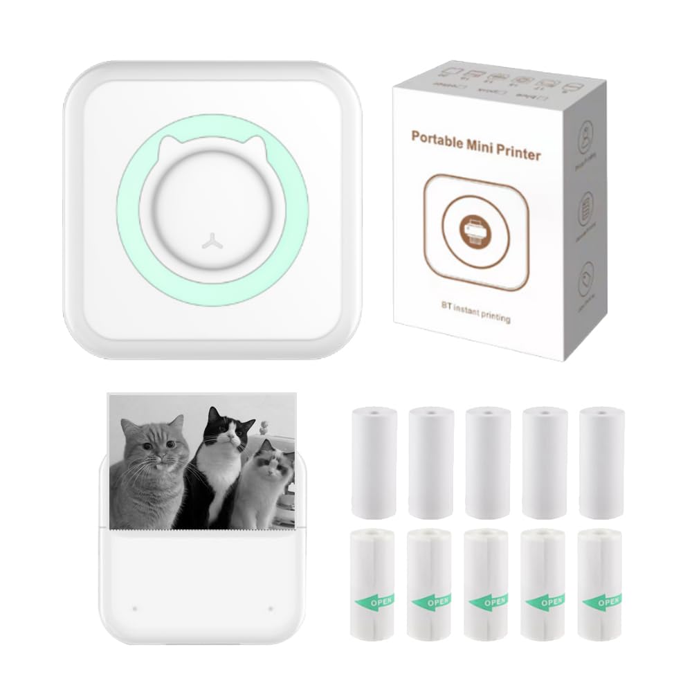 Mini Bluetooth Sticker Printer - Portable Thermal Photo Printer for iPhone, Smart Note Buddy with 10 Rolls Thermal Paper - Perfect for Journaling, Scrapbooking, Memos & Instant Photo Printing On-The-Go