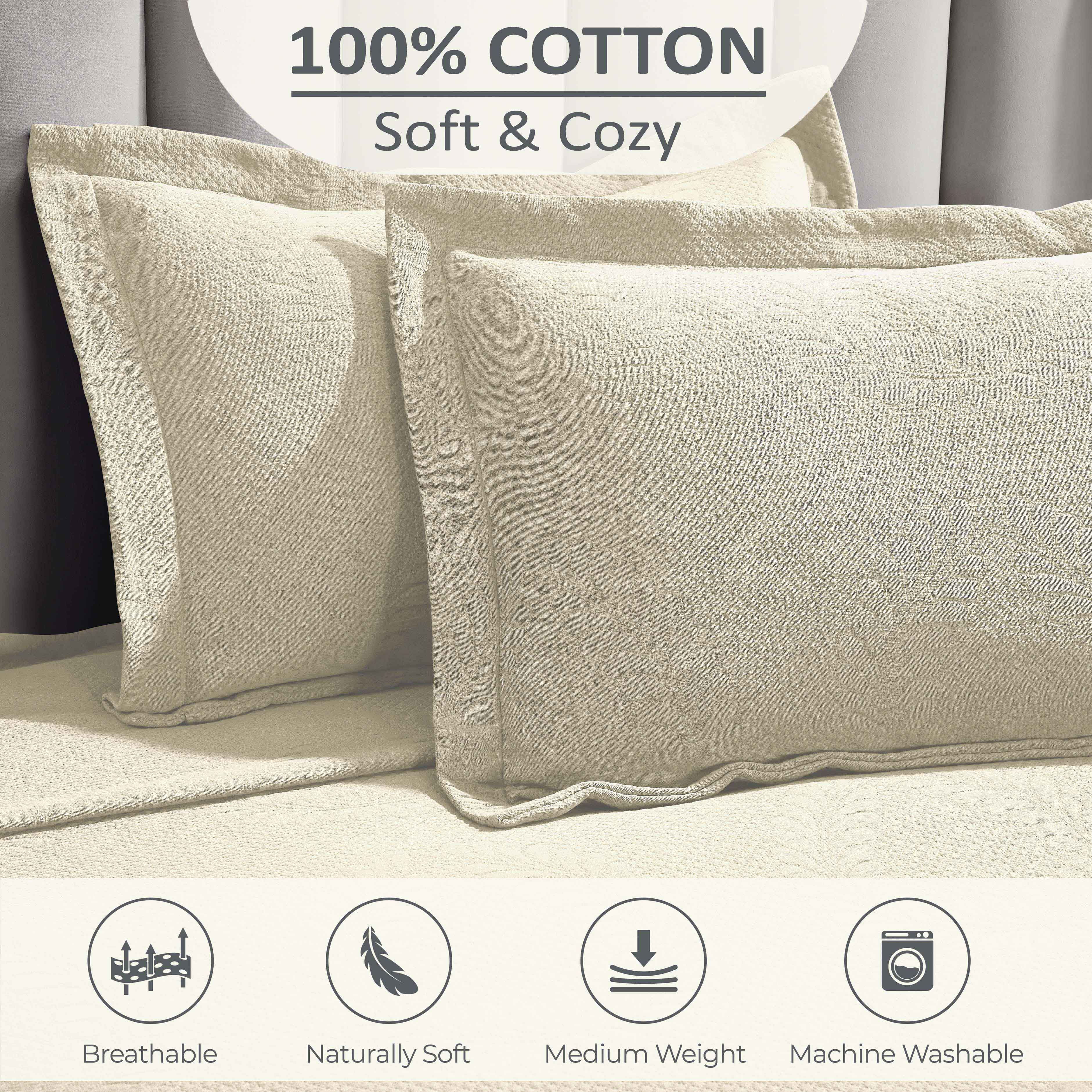 Peploi Cotton Medium Weight Matelasse Bedspread and Sham Set - Queen Size, White Textured Bed Cover with Matching Shams - Perfect for Master Bedroom, Guest Room & Hotel Decor