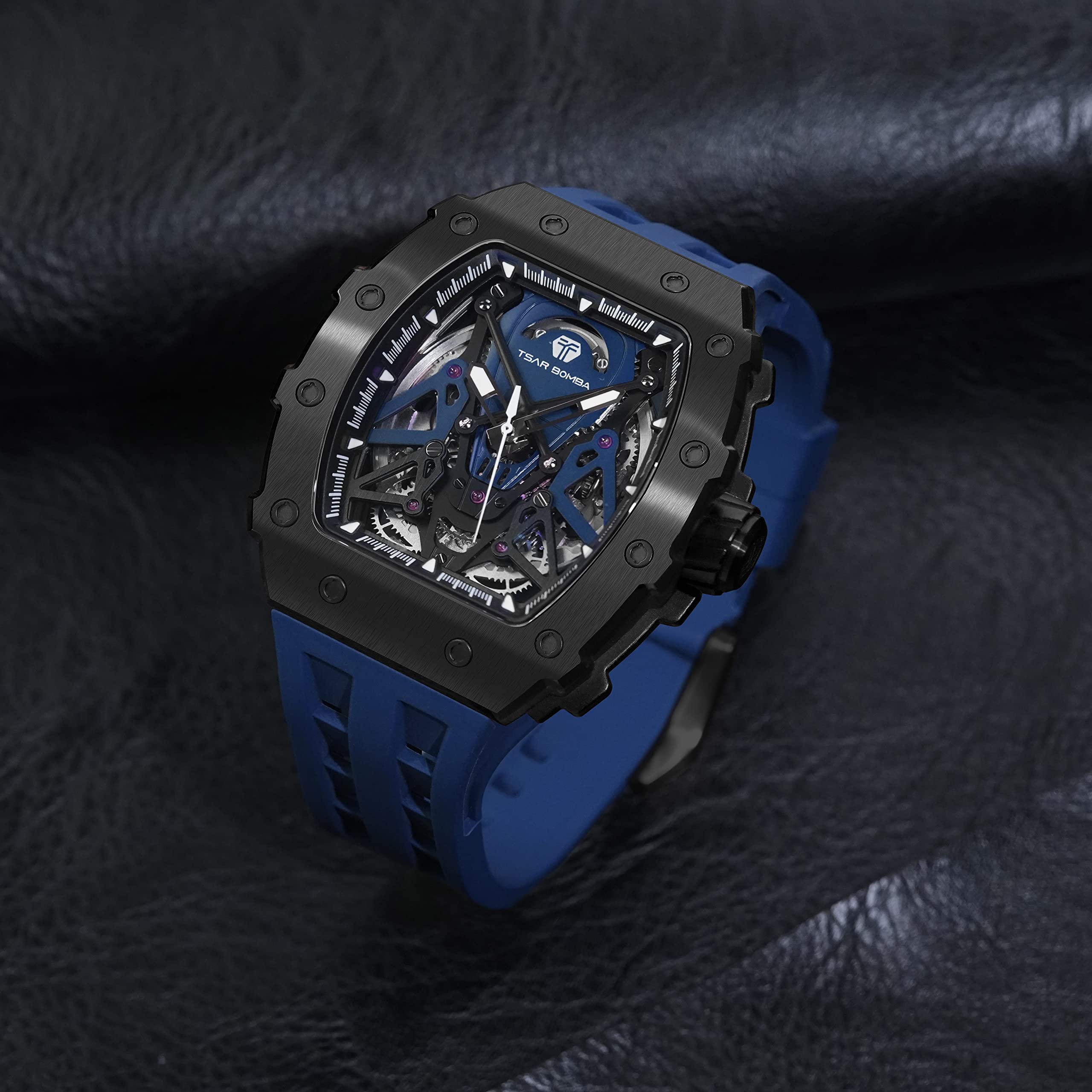 TSAR BOMBA Luxury Men's Watch - 50M Waterproof Mechanical Chronograph with Silicone Band, Tonneau Case Design - Perfect for Business, Casual Wear & Outdoor Activities | Great Gift for Men