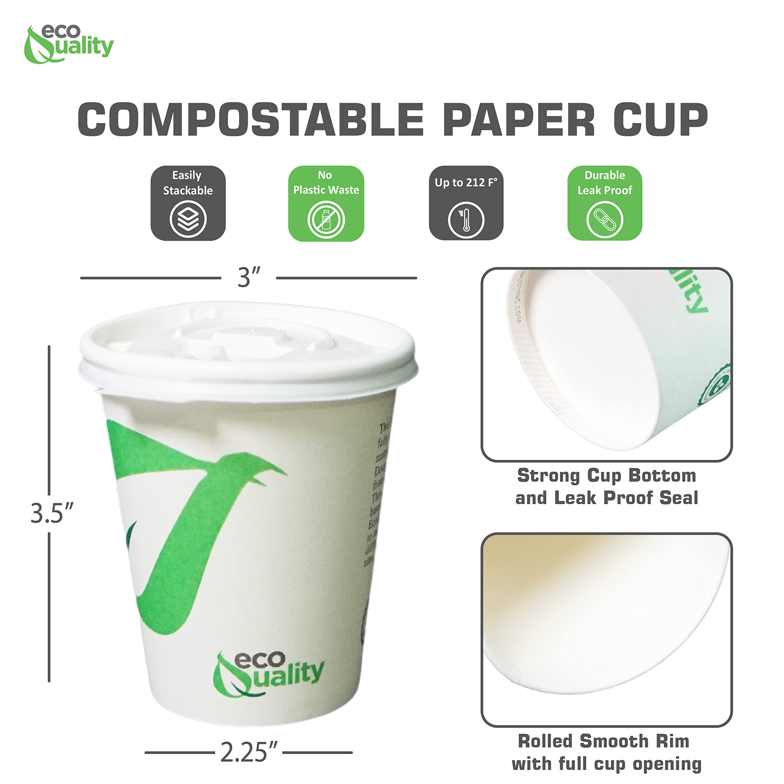 8 oz Compostable Paper Coffee Cups with White Flat Lids - Biodegradable PLA Lined Disposable Cups for Hot & Cold Drinks - Eco-Friendly Party, Office, or Cafe Use (400 Pack)