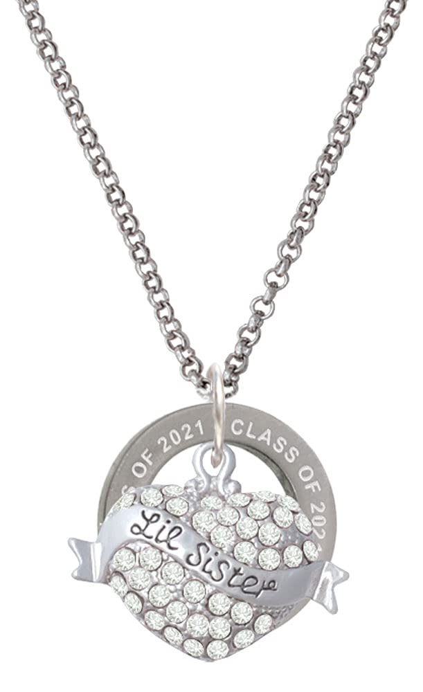Class of 2021 Silver-Tone Crystal Heart Affirmation Necklace with Lil Sister Banner - 23.5