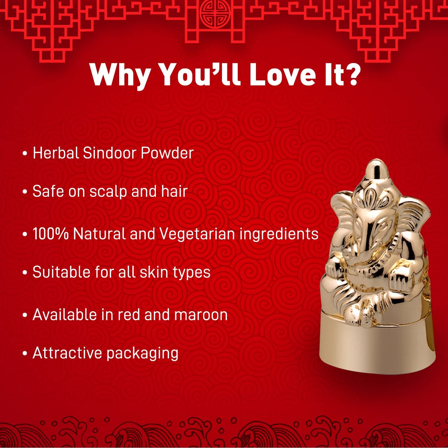 SOLDRIGHT Organic Ganesh Statue Sindoor Powder for Women - 15g Maroon Kumkum for Forehead Tilak | Hindu Puja Rituals, Wedding Ceremonies & Spiritual Blessings