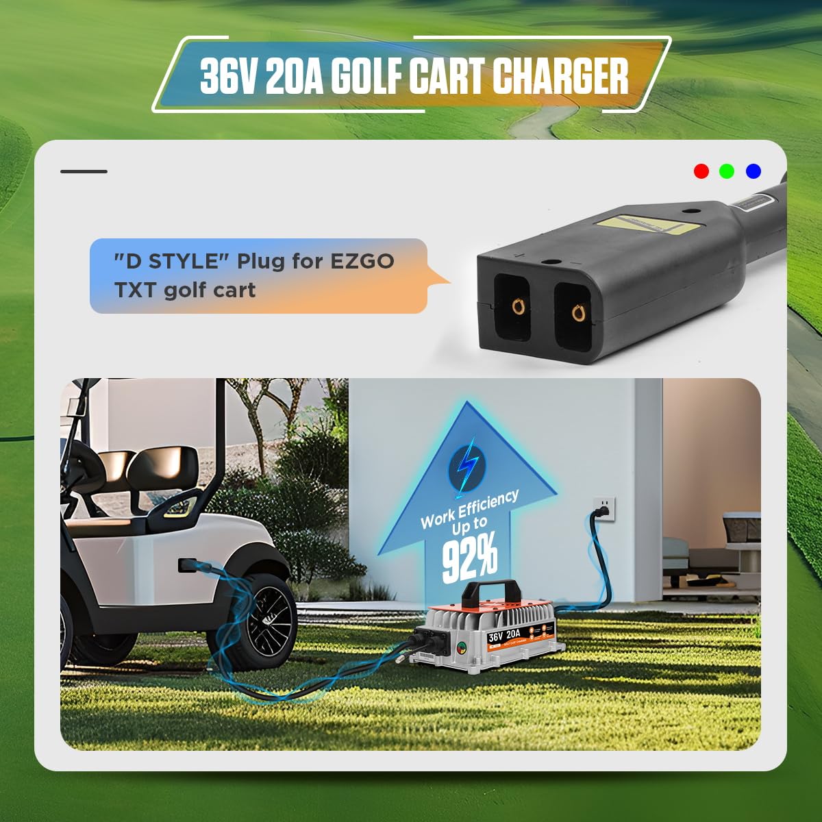 36V EZGO TXT Golf Cart Battery Charger - 20AMP Fast Charging, 1250W Smart Charger with IP67 Waterproof Rating & 16Ft Cable for Lead-Acid Batteries | Perfect for Golf Courses, Resorts & Private Clubs