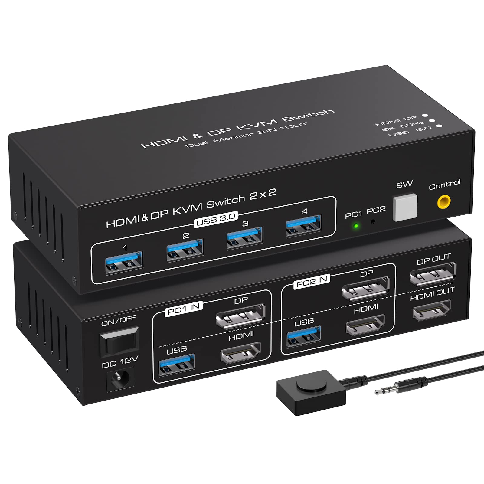 VPFET 4K120Hz HDMI DisplayPort KVM Switch for 2 PCs & 2 Monitors - 8K60Hz Dual Monitor KVM Switch with 4 USB 3.0 Ports, Supports Clone & Extend Mode - Perfect for Gaming, Office Work & Multi-Tasking