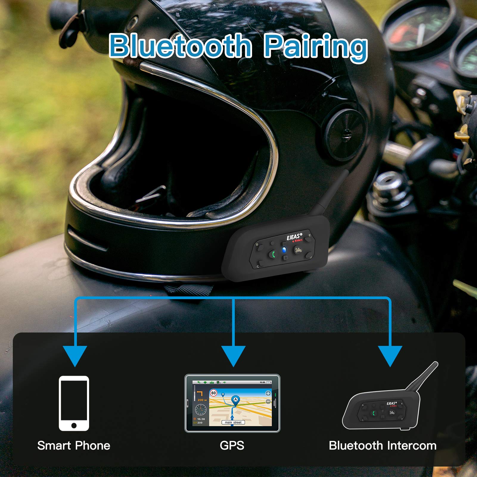 EJEAS V6 Pro Motorcycle Bluetooth Helmet Intercom - 2-Way 1200M Communication System with Noise Cancellation & Waterproof - Compatible with Dirt Bike, ATV, Snowmobile (2 Pack) - Perfect for Group Rides, Off-Road Adventures & Winter Sports