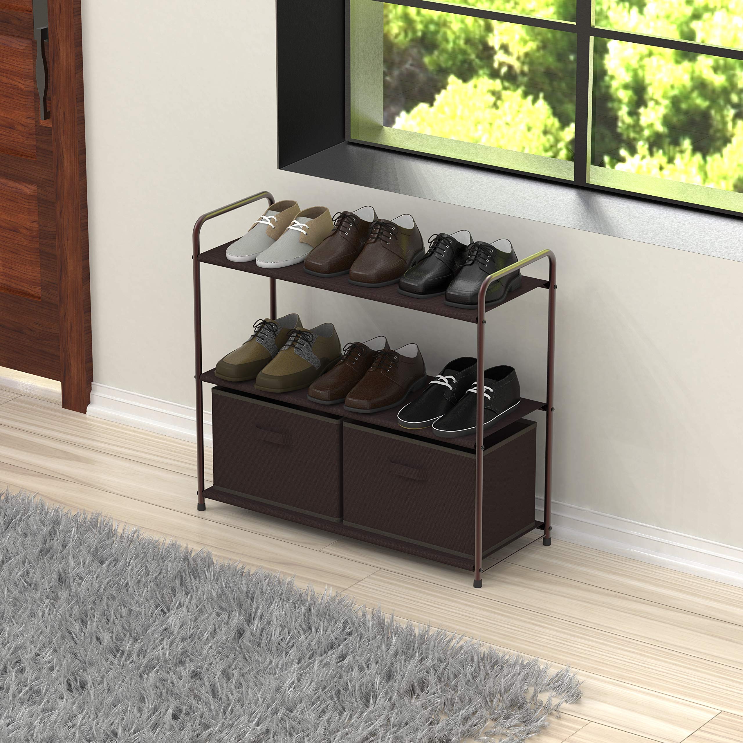 3-Tier Closet Organizer with 2 Drawers - Space Saving Storage Shelf for Bedroom, Closet & Bathroom - Brown Simple Houseware for Home Organization