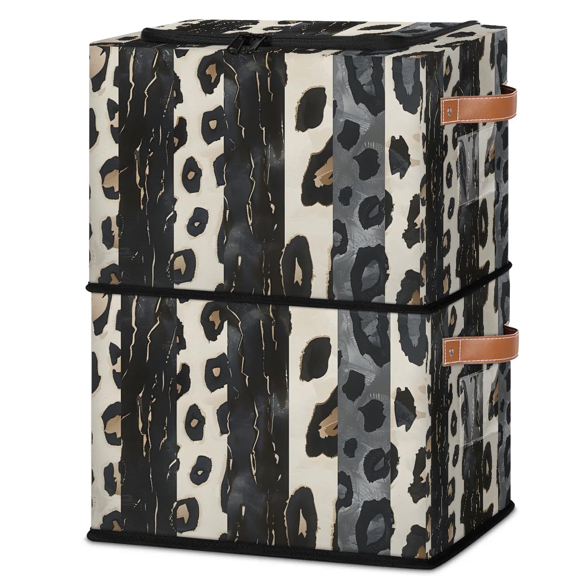 Abstract Leopard Print Collapsible Stackable Storage Bins with Lids - Fabric Closet Organizer for Clothes, Toys, Blankets - Foldable Home Storage Baskets for Bedroom, Nursery & Living Room Organization