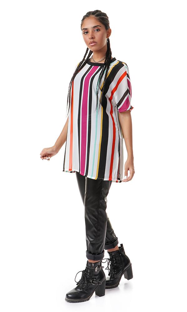 93122 Striped Chiffon Blouse for Women - Multicolor Round Neck Top for Casual Wear, Office & Party Outfits