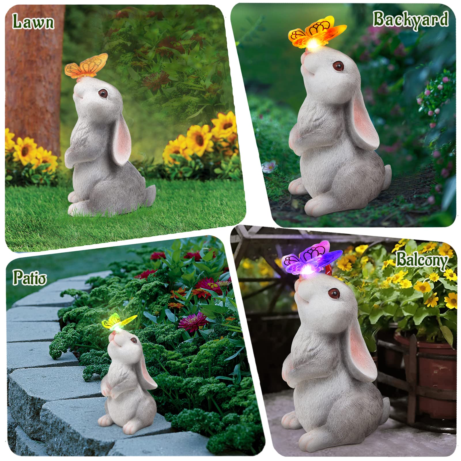Solar-Powered Rabbit Garden Statue with Changing Butterfly Lights - Outdoor Decor for Patio, Balcony, Yard & Lawn - Perfect Gardening Gift for Mom & Grandma - Ideal for Spring Decorations & Backyard Parties
