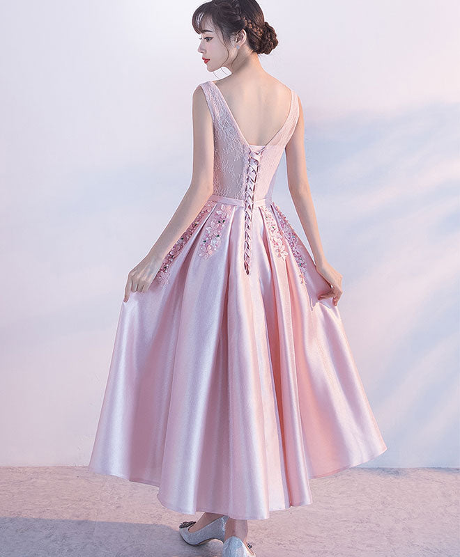 Elegant Pink Satin Lace Tea-Length Prom Dress | Formal Evening Gown for Women | Perfect for Homecoming, Quinceañera & Special Occasions