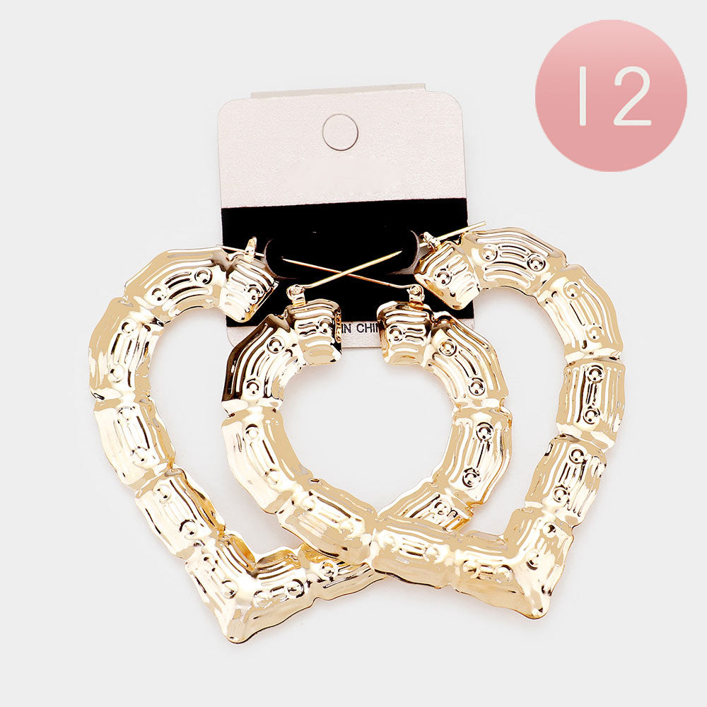 12 Pairs Medium Metal Bamboo Heart Pin Catch Earrings for Women - Fashion Boho Dangle Drop Earrings for Daily Wear, Parties & Gifts