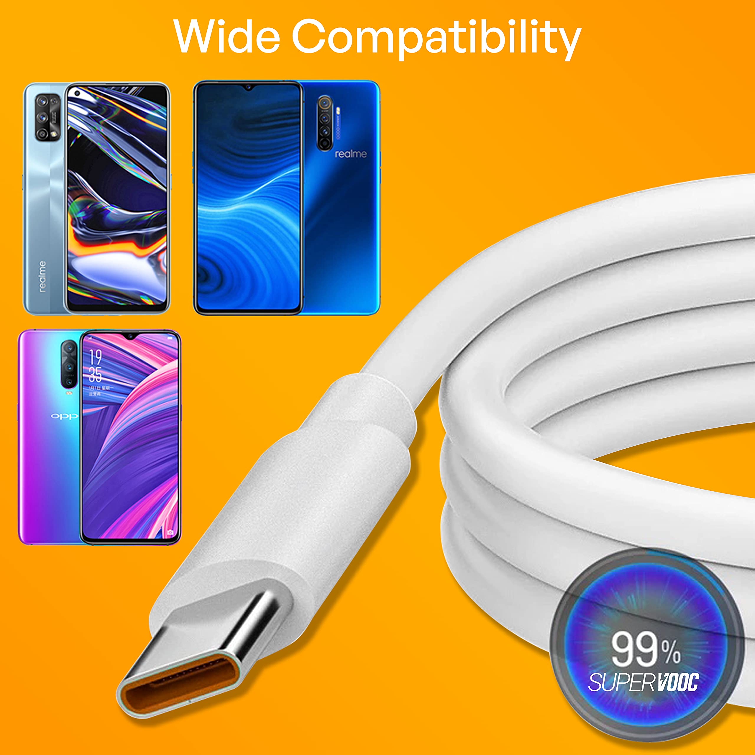 65W Super VOOC Fast Charging Cable USB-C to USB-A - Compatible with Realme XT/X2/6 Pro/Narzo 20A & More - High-Speed Data Sync & Quick Charge - Perfect for Travel, Home & Office Use