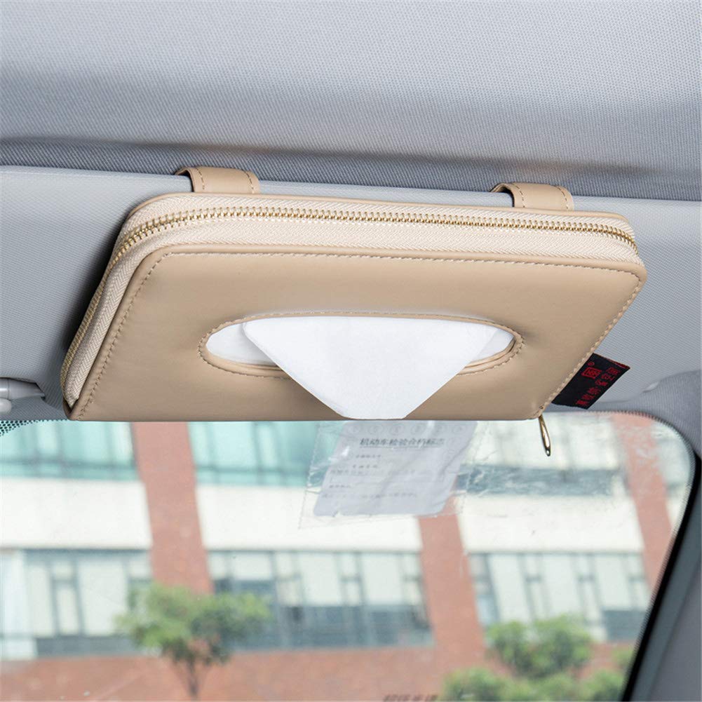 Cartisen PU Leather Car Visor Tissue Holder with Zipper - Sun Visor Napkin Organizer for Vehicle Backseat | Beige | Perfect for Road Trips, Family Travel & Daily Commute