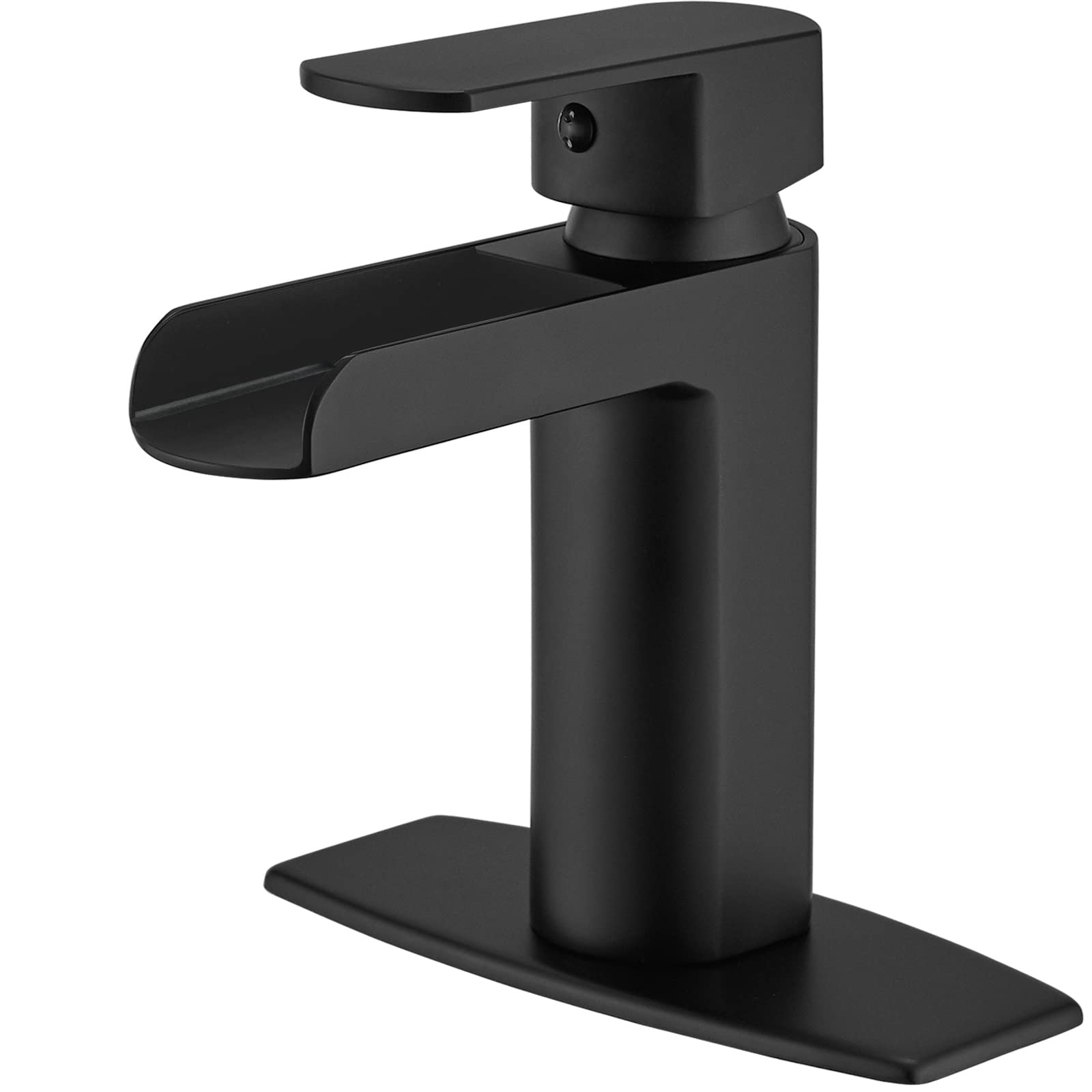 Hoimpro Modern Black Waterfall Bathroom Faucet - Single Hole Bathroom Sink Faucet with 6 Inch Deck Plate, cUPC Certified Brass Construction, Matte Black Finish (Pop Up Drain Not Included) - Perfect for Vanity Sinks, Guest Bathrooms, and Modern Home Decor
