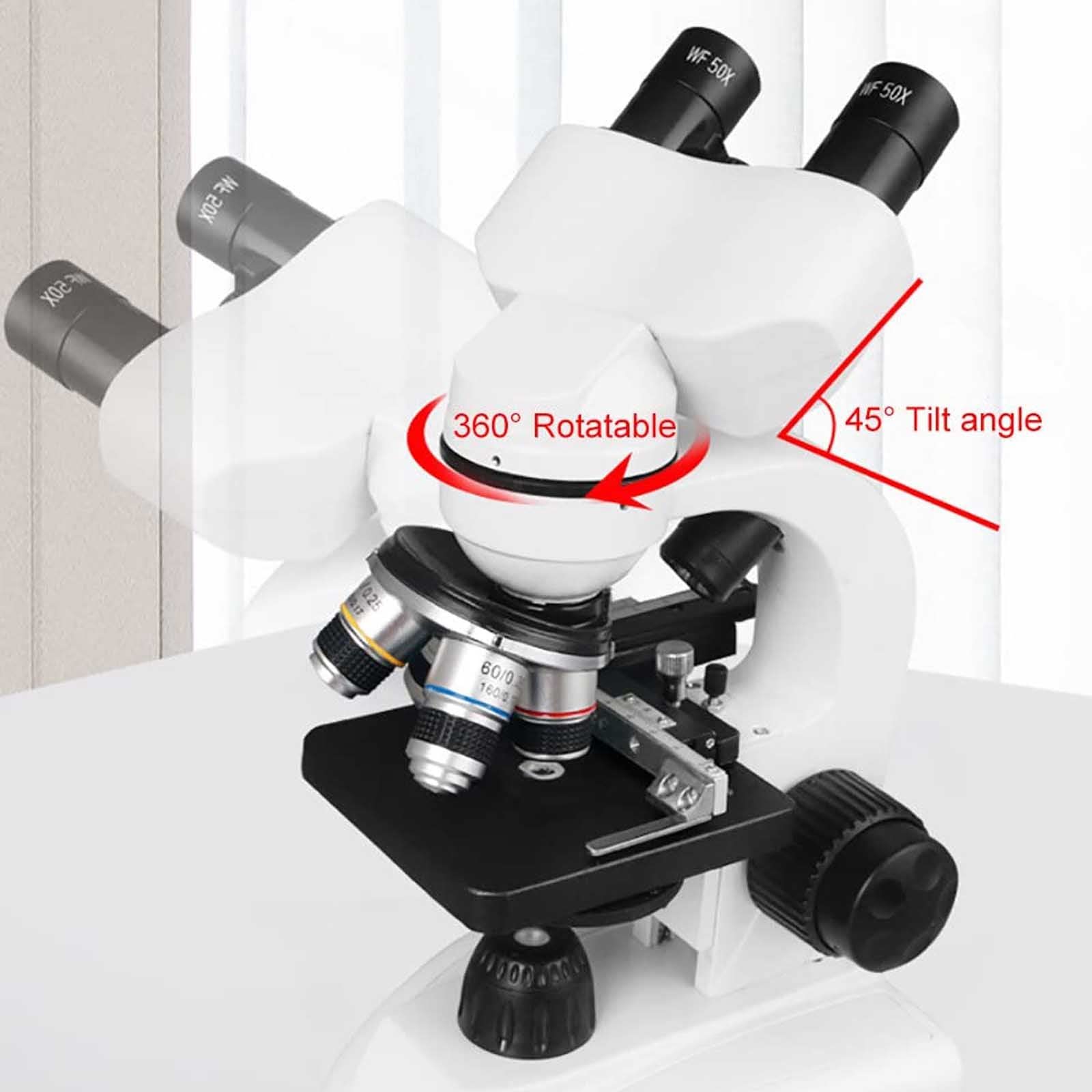 40x-10000x Binocular Compound Microscope with Slides Set & Phone Adapter - LED Illumination, 45° Tilt, 360° Rotation - Ideal for School Labs, Home Education & Scientific Research (White)