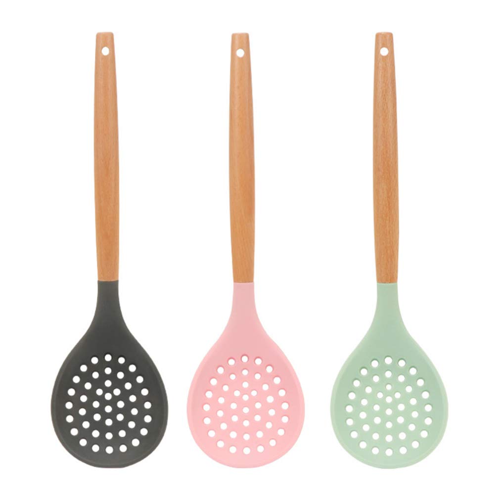 Hemoton 3-Piece Silicone Skimmer Spoon Set - Slotted Strainer Ladle with Heat-Resistant Handle for Cooking, Frying, Hot Pot, Soup & Oil - Perfect for Kitchen, BBQ, Camping & Food Preparation