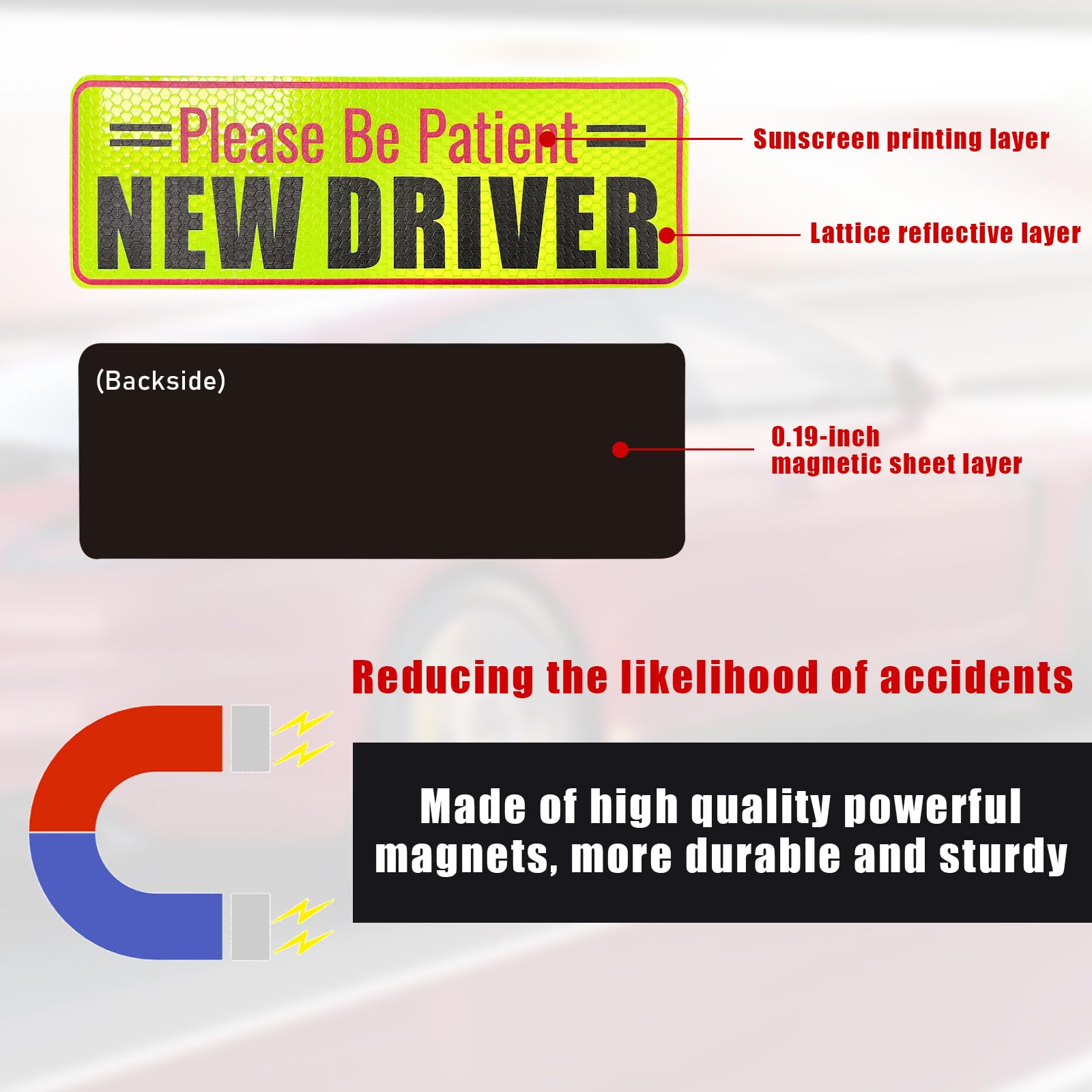 Ziciner 2-Pack Reflective Student Driver Magnets for Cars - New Driver Safety Signs with 'Please Be Patient' Decals - Beginner Warning Bumper Magnets (Style 7) - Perfect for Teen Drivers & Driving Schools