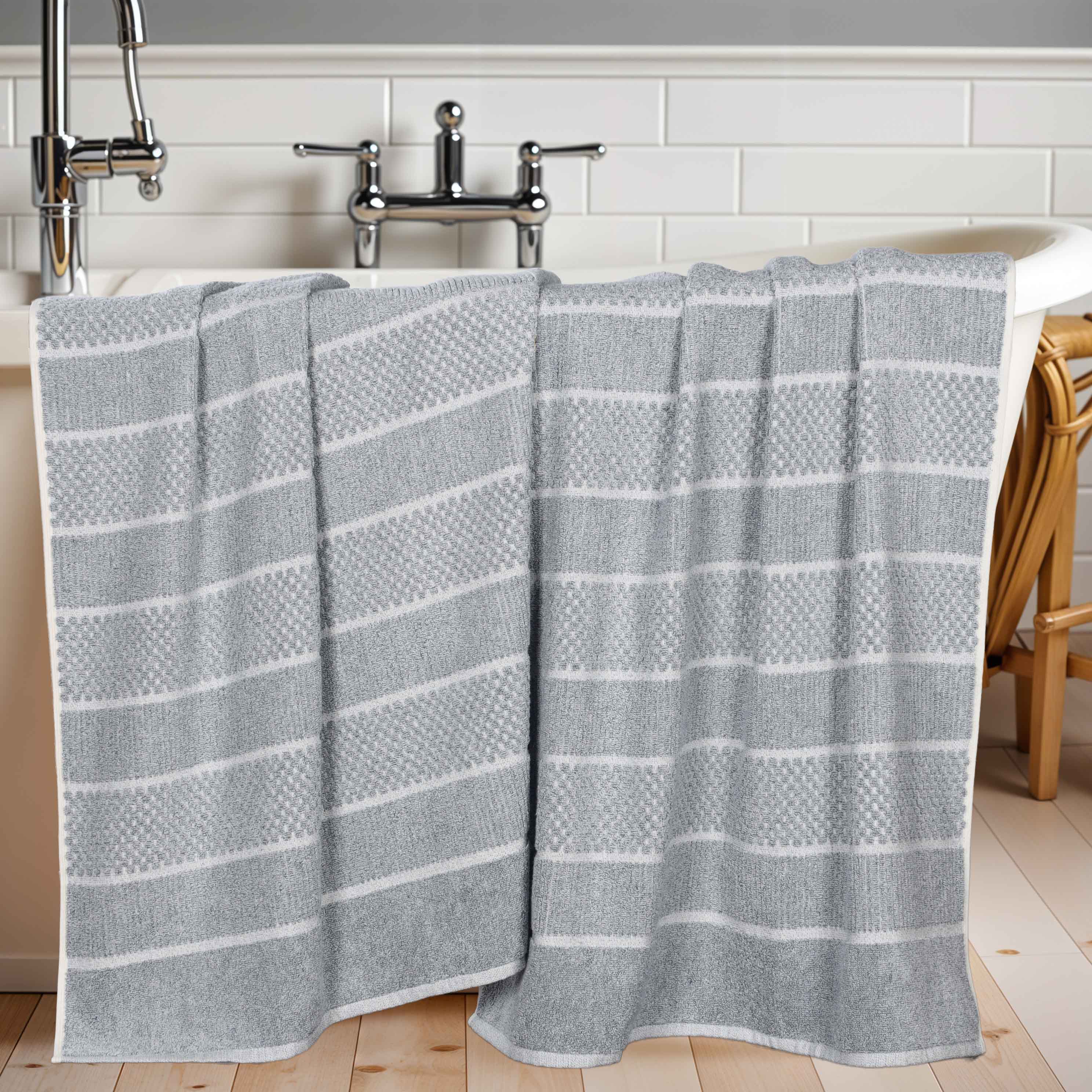 Premium Cotton Blend Checkered and Ribbed Bath Sheets Set of 2 - Ultra Soft & Absorbent Luxury Towels for Spa, Bathroom & Beach Use
