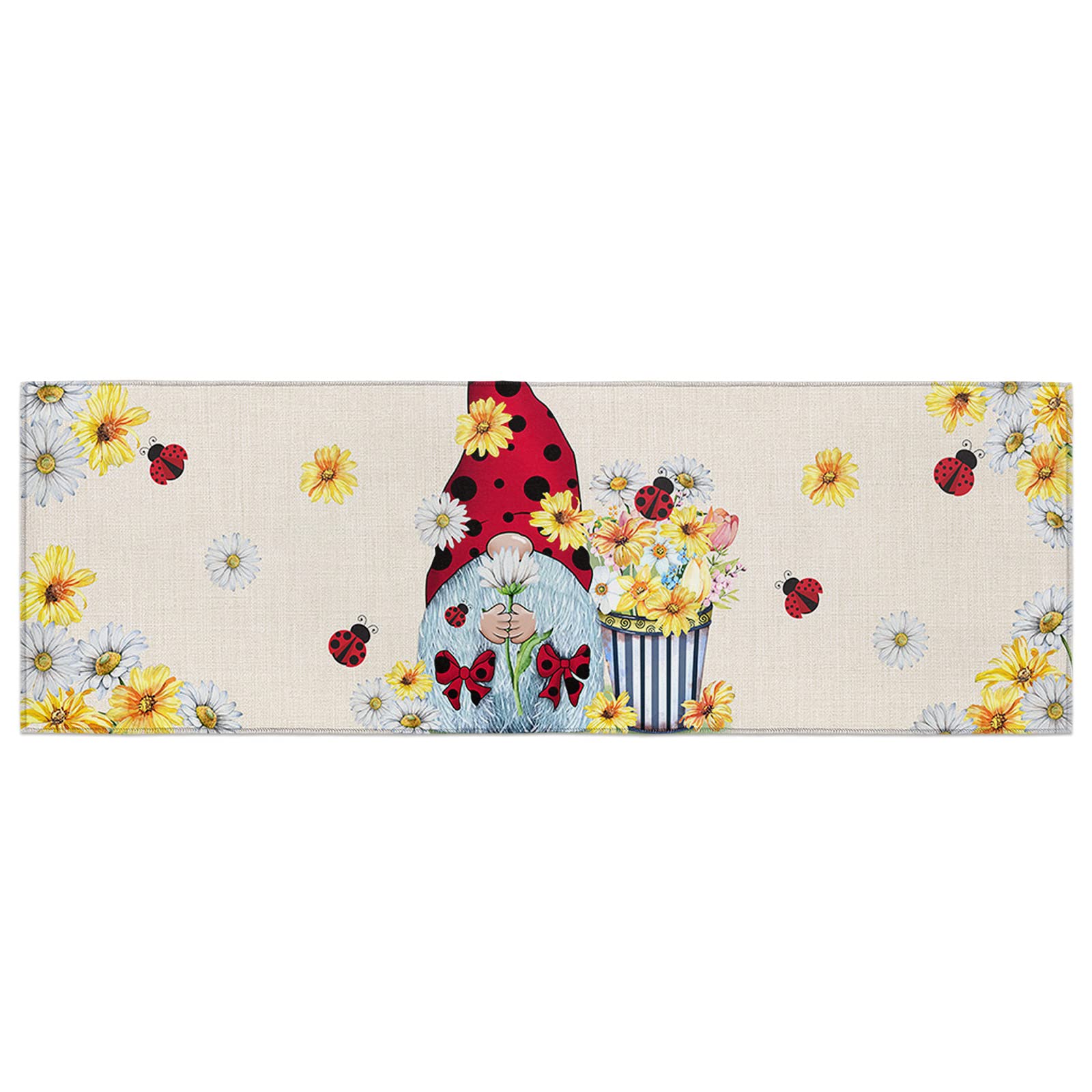 **Non-Slip Cushioned Kitchen Mat - Absorbent Ladybug Gnomes Bathroom Rug, Waterproof Farmhouse Daisy Throw Carpet for Office, Laundry & Standing - 19.7