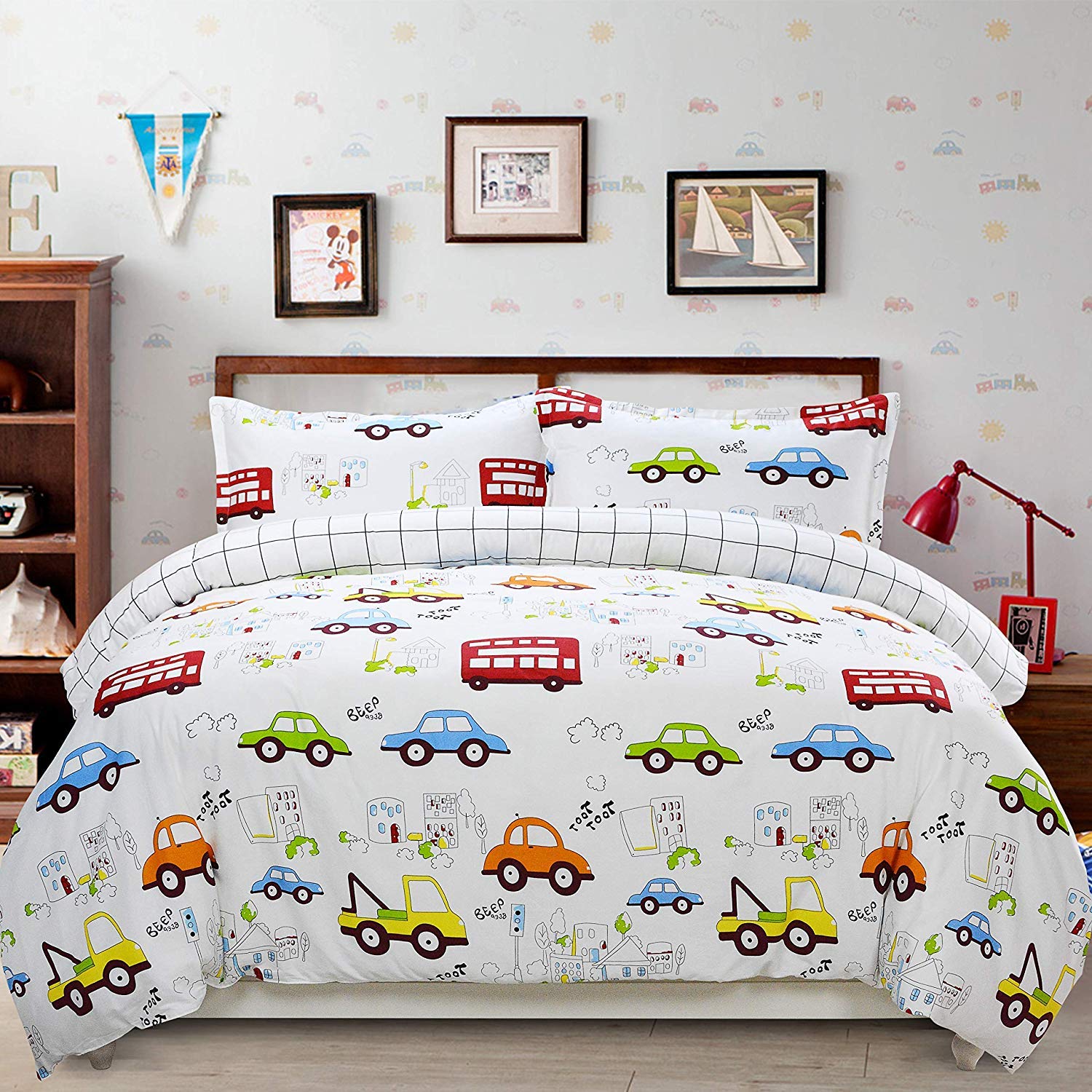 Brandream Boys Cars & Trucks King Size 3-Piece Cotton Duvet Cover Set - Soft Bedding for Kids Room Decor, Themed Bedroom, Gift for Car Lovers