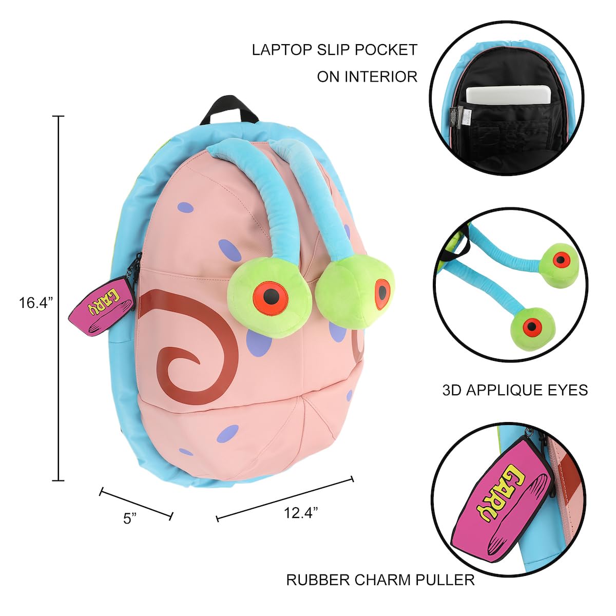 Spongebob Squarepants Gary the Snail 16.4 Inch Cute Cartoon Character Backpack for Kids - School, Travel & Cosplay Accessory