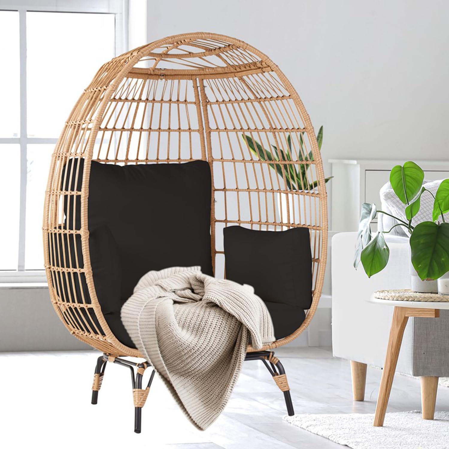 Modern Egg Chair - 1pc Black Hanging Egg Chair for Indoor/Outdoor Use - Perfect for Living Room, Patio, or Garden Relaxation