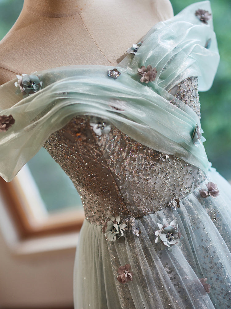 Elegant Off-Shoulder A-Line Tulle Prom Dress in Emerald Green - Perfect for Evening Gala, Formal Dance & Special Occasions