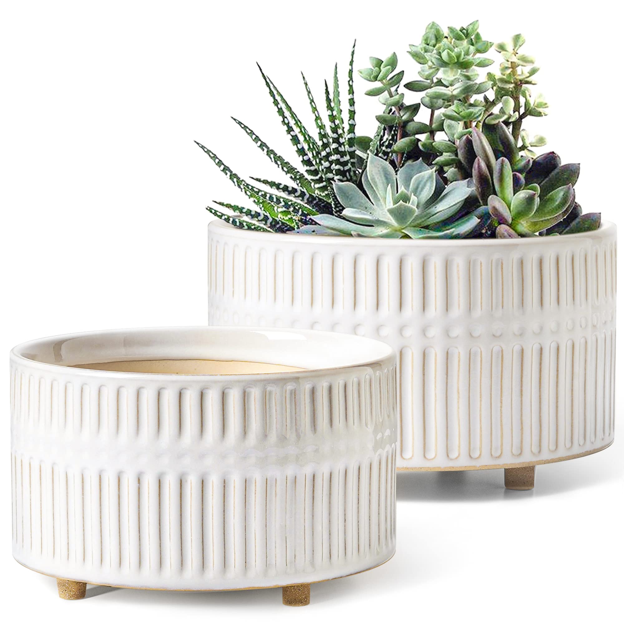 LE TAUCI 6.5+8 Inch Ceramic Succulent Plant Pots with Drainage Hole - Modern Round Decorative Flower Pots Set of 2, Reactive Glaze White - Perfect for Indoor Plants, Home Decor, Office Desk & Gift Ideas