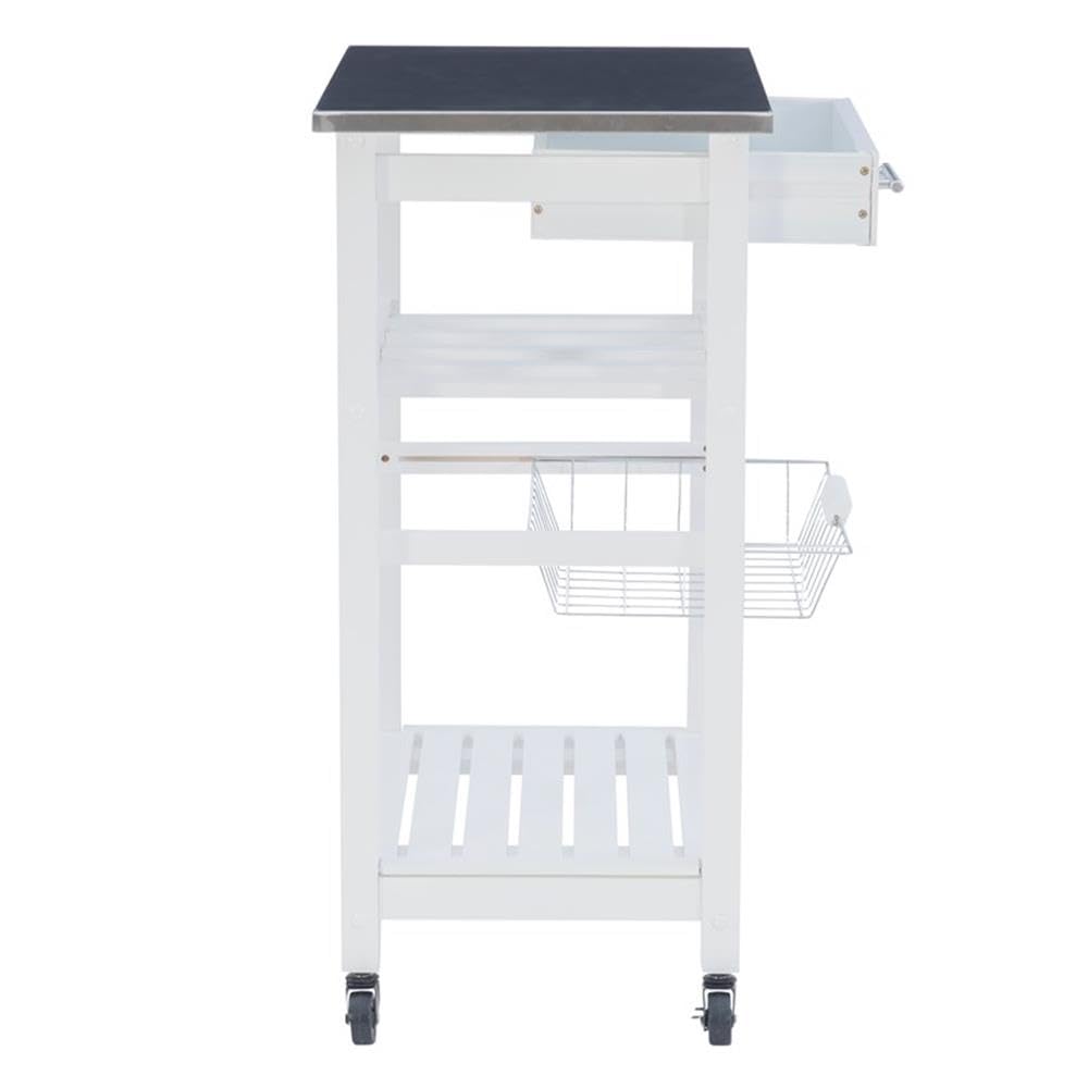Linon Raven Stainless Steel Rolling Kitchen Island Cart with Wheels, Wine Rack, Pull-Out Drawer & Storage Basket - White | Mobile Microwave Stand for Small Spaces, Extra Counter Space & Kitchen Organization