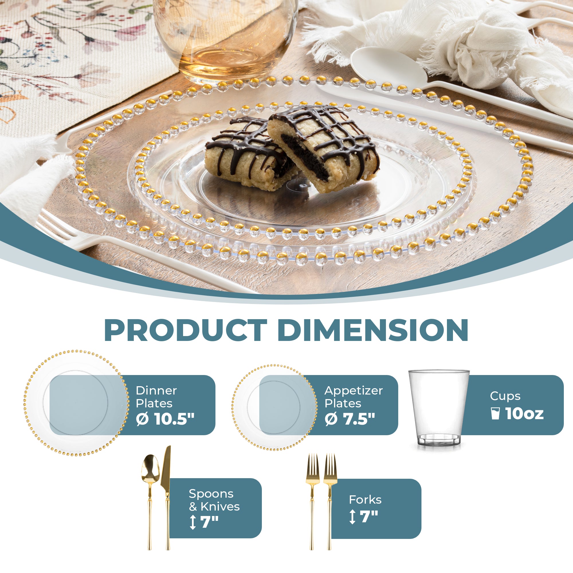 Clear and Gold Plastic Party Bundle with Beaded Decorations - Perfect for Birthday Celebrations, Weddings, and Special Events