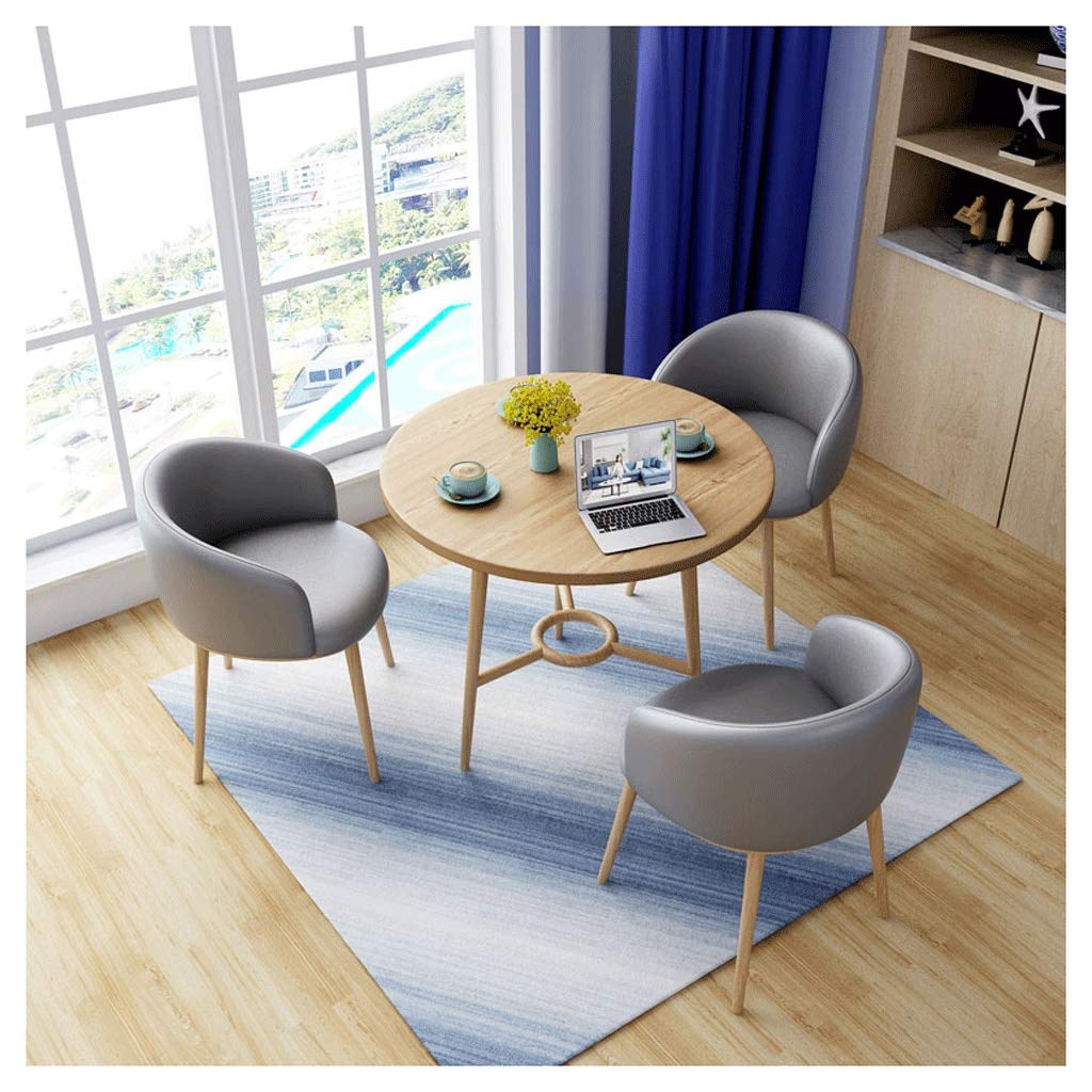 Modern Minimalist 80cm Round Wood Dining Table Set with 3 Leather Chairs - Gray Home Office Kitchen Living Room Cafe Furniture for Small Spaces & Compact Dining Areas