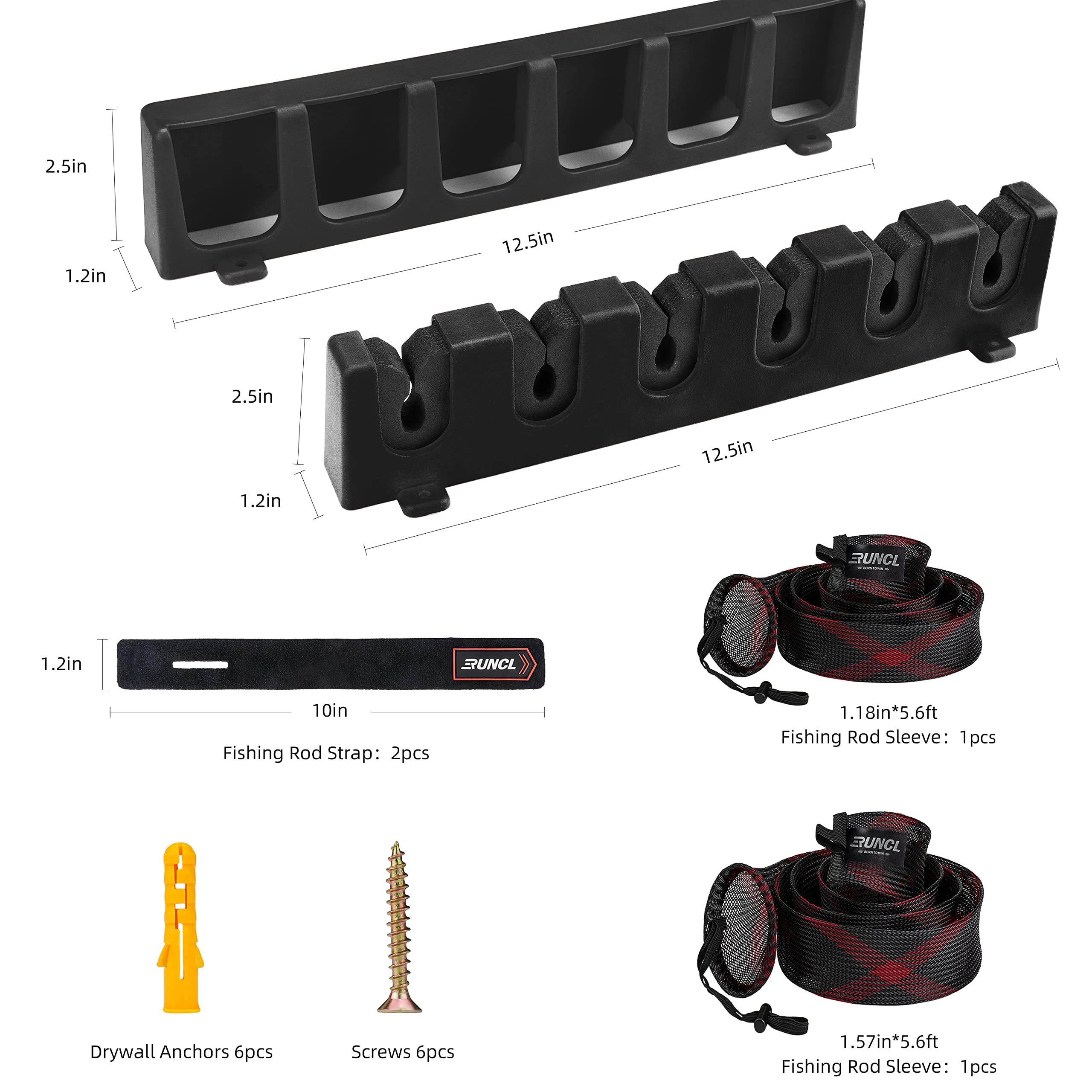 RUNCL Fishing Rod Holder Kit - Wall Mounted Vertical Fishing Rod Rack with Rod Sleeve & Strap - Holds 6 Rods (5-11mm) - Durable Fishing Pole Storage for Garage, Boat, RV & Home Organization