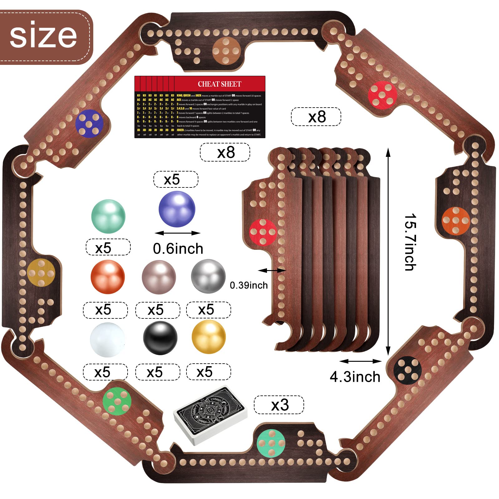 Kathfly Jokers and Marbles Board Game Set - 8 Wooden Boards, 40 Colorful Marbles & Pegs, 3 Decks of Playing Cards - Classic Family Strategy Game for 4-8 Players (Retro Edition) - Perfect for Game Nights, Parties, and Family Gatherings