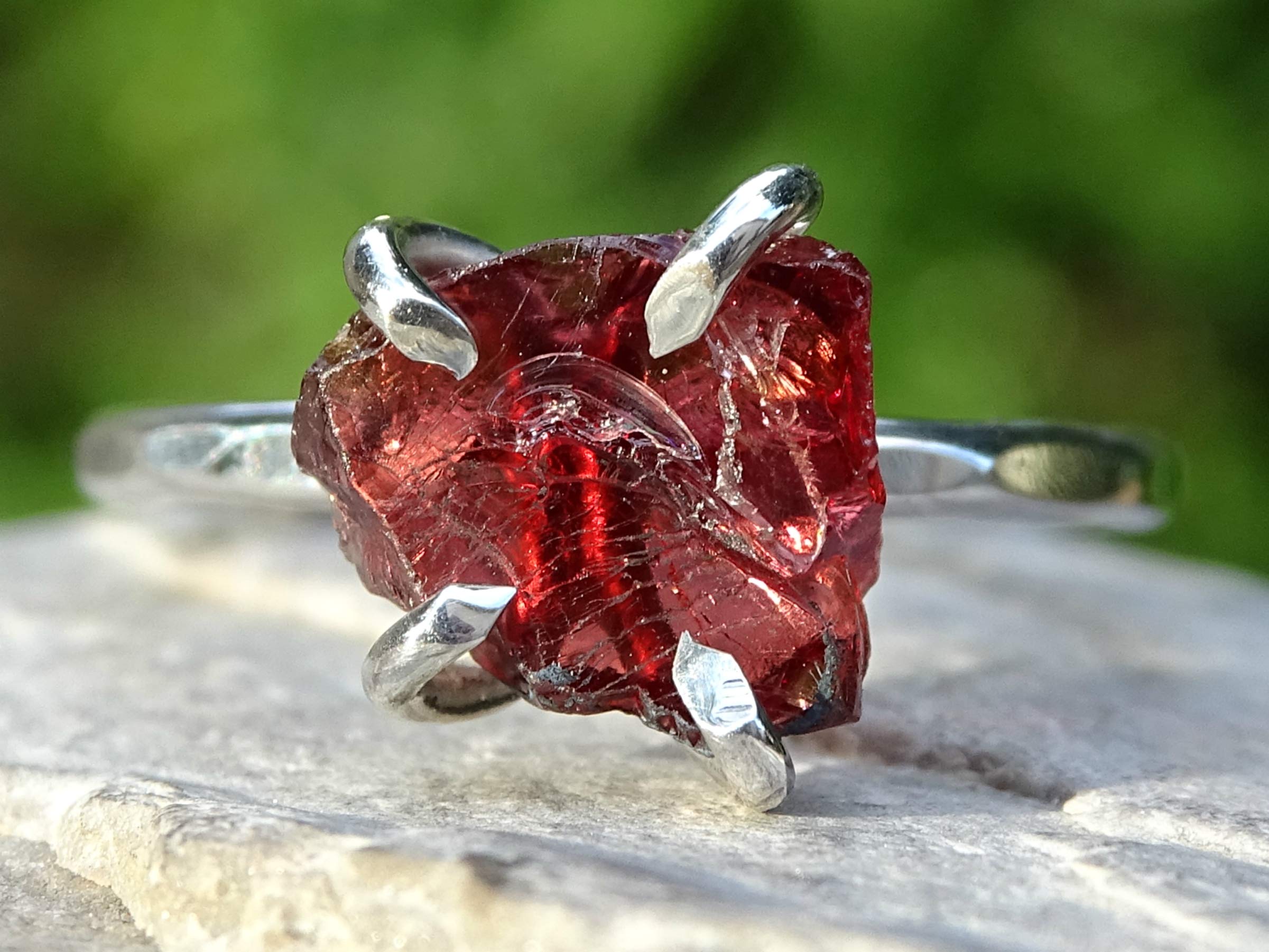 Natural Raw Garnet Silver Ring | Organic Stone Stacking Ring | Raw Crystal Jewelry | Unique Silver Engagement Ring for Women | Perfect Gift for Her - Boho Wedding, Everyday Wear, Anniversary Present