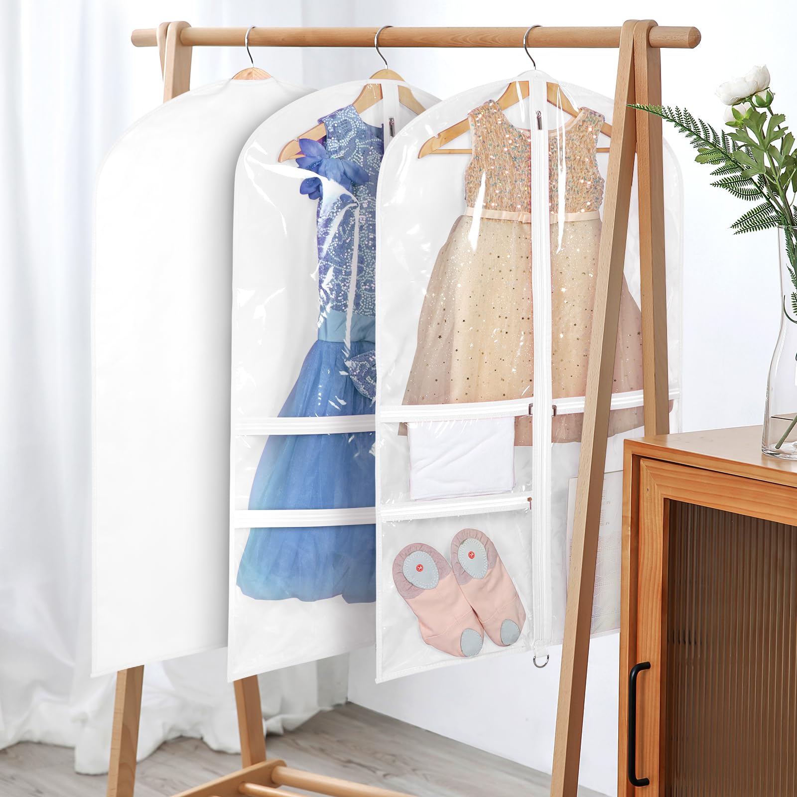 Univivi 40 Inch White Dance Costume Garment Bag with 3 Clear Zipper Pockets - 4 Pack for Kids Dance Costumes, Hanging Clothes Storage, Perfect for Dance Recitals, Competitions, and Performances