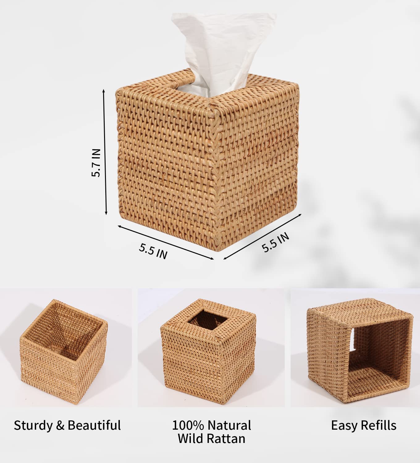 Livelab Square Rattan Tissue Box Cover - Hand Woven Natural Wicker Tissue Holder, Decorative Napkin Organizer for Home & Office | Bathroom, Living Room, Bedroom Decor
